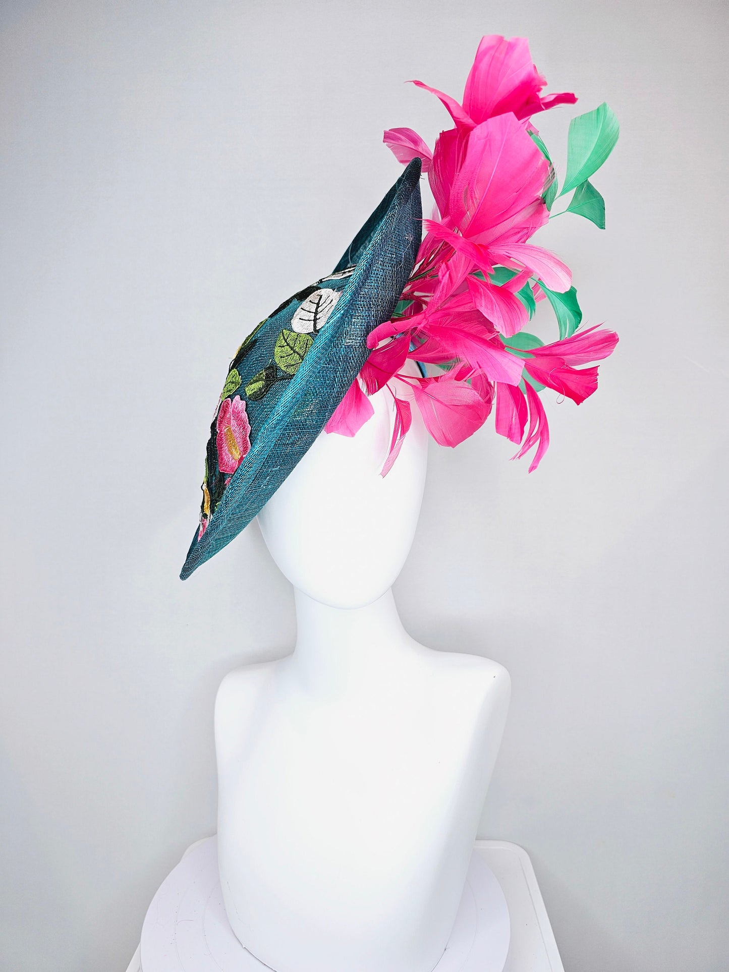 kentucky derby hat fascinator teal sinamay saucer with fuchsia pink and green feathers and yellow pink blue embroidered flowers and birds