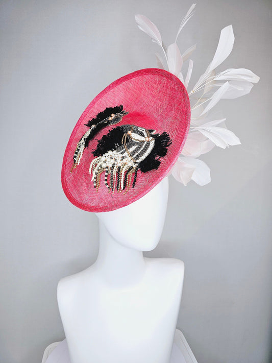 kentucky derby hat peach red sinamay saucer with black and gold beaded embroidered horses with pearls and white ivory feathers