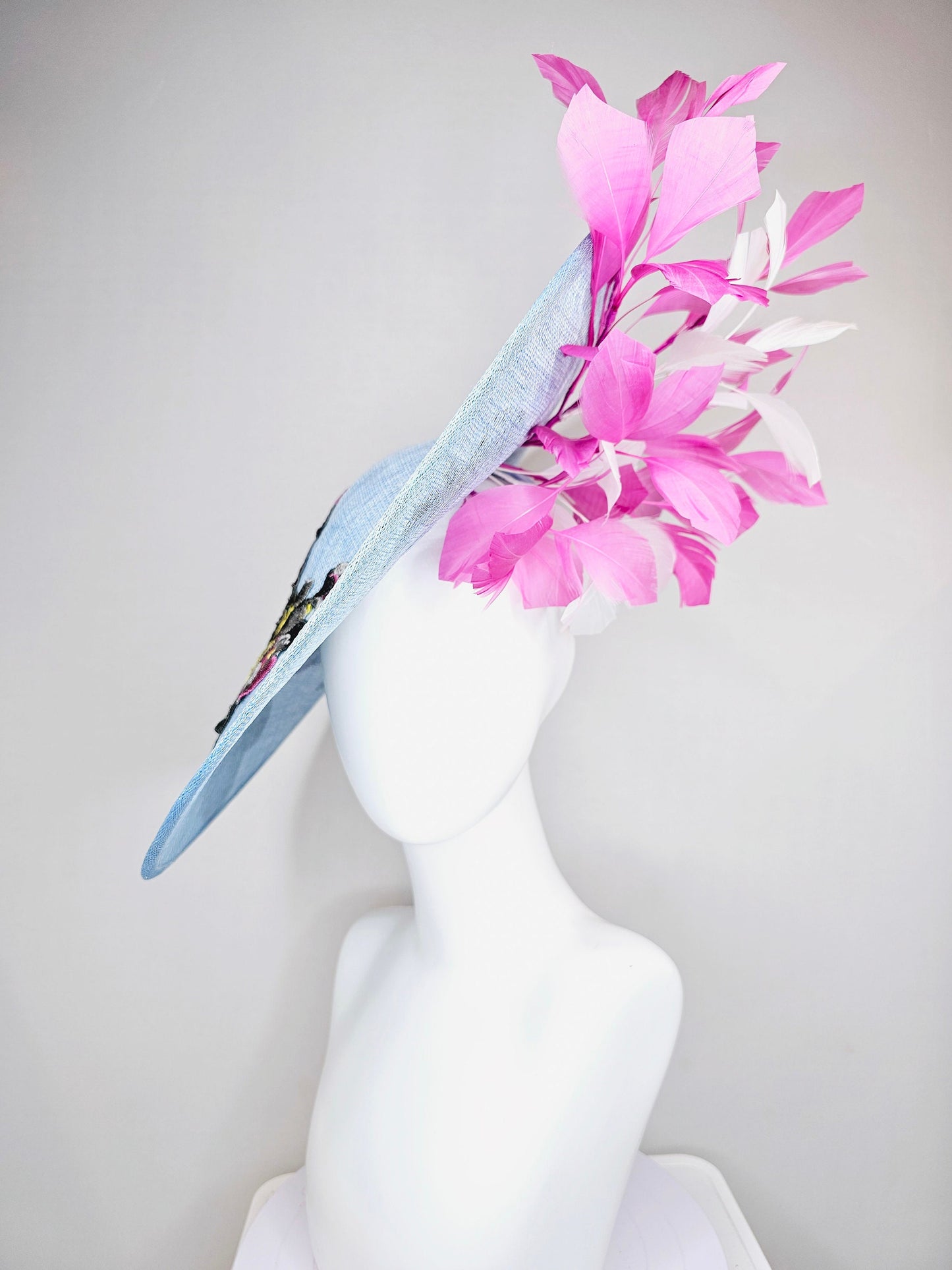 kentucky derby hat fascinator large baby blue sinamay saucer w pink and white feathers and gray pink yellow embroidered flowers