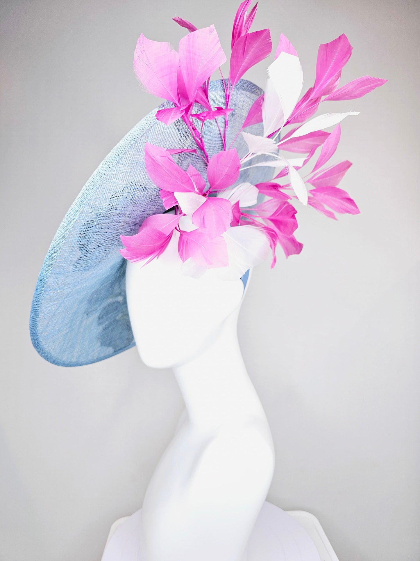 kentucky derby hat fascinator large baby blue sinamay saucer w pink and white feathers and gray pink yellow embroidered flowers