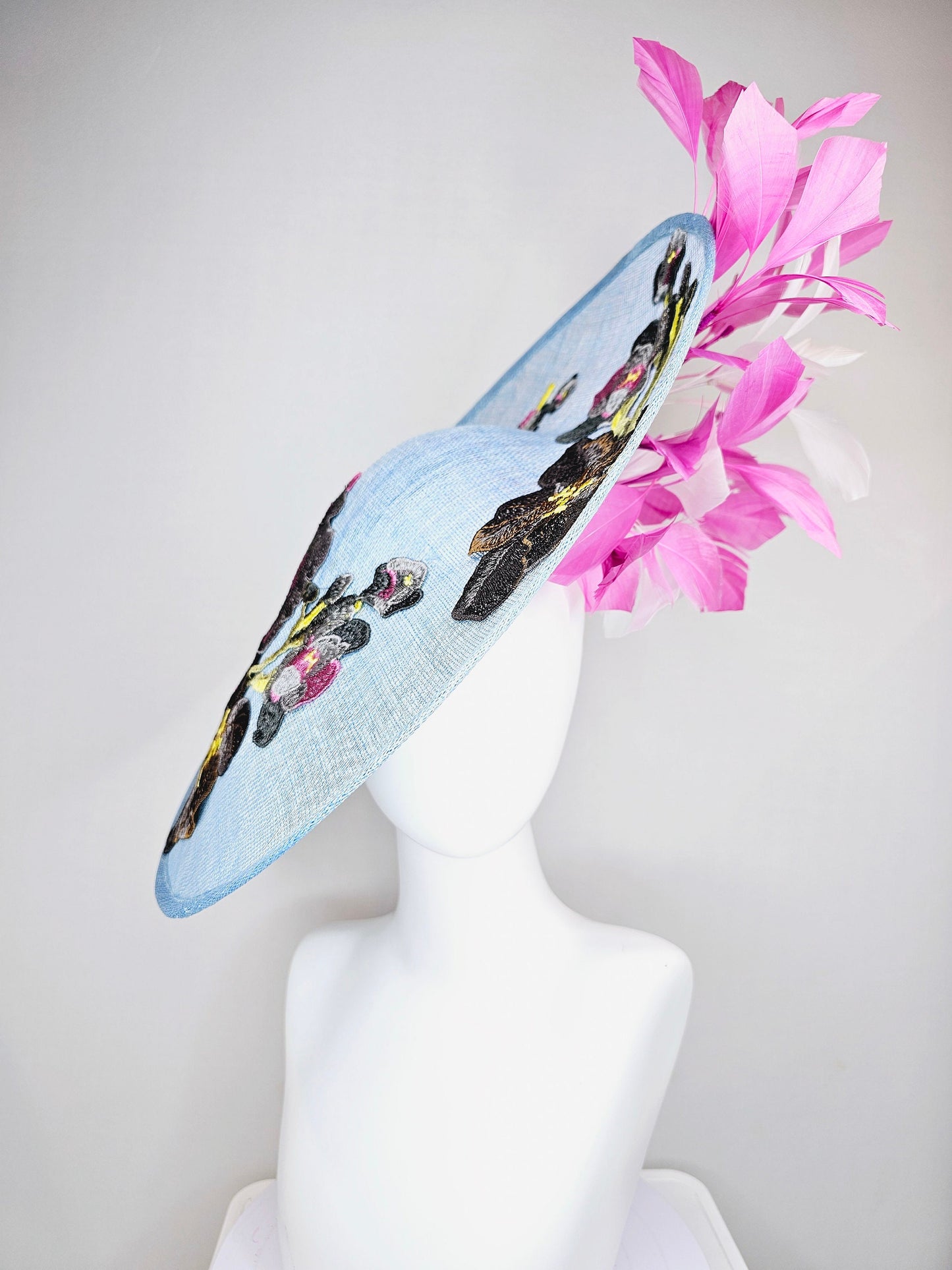 kentucky derby hat fascinator large baby blue sinamay saucer w pink and white feathers and gray pink yellow embroidered flowers