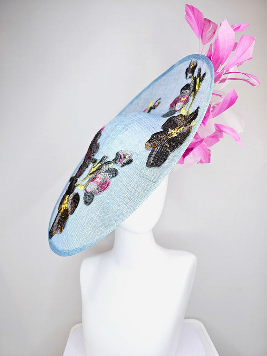 kentucky derby hat fascinator large baby blue sinamay saucer w pink and white feathers and gray pink yellow embroidered flowers