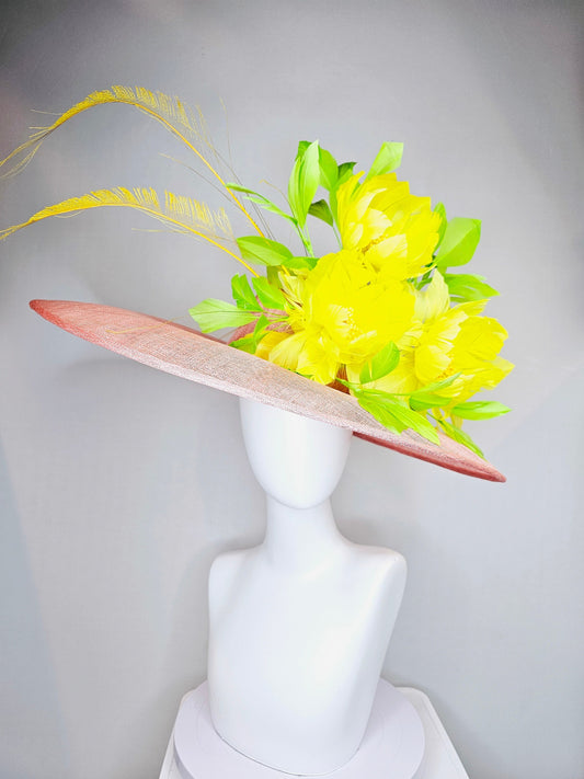 kentucky derby hat large wide brim sinamay blush pink hat w large green feathers bright yellow feather flowers w long tall yellow feathers