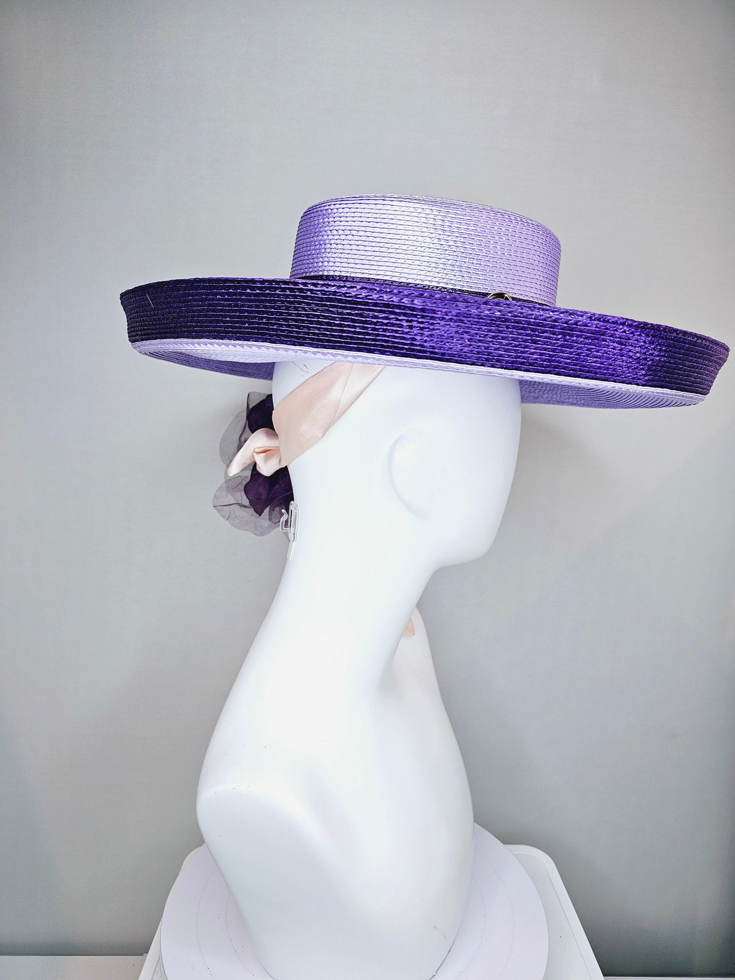 kentucky derby hat wide brim purple and lavender fedora rancher panama hat w gold horsebit decor,pink ribbon w purple organza satin flower