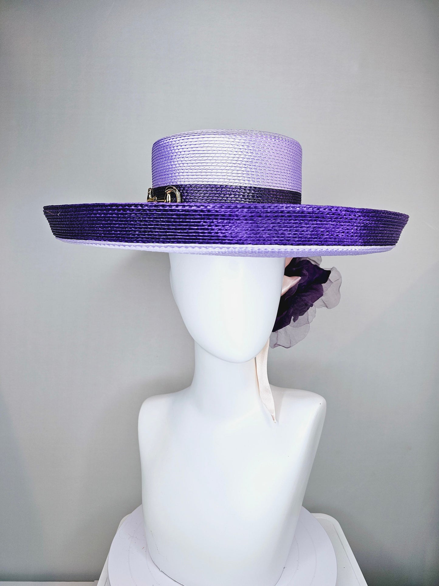 kentucky derby hat wide brim purple and lavender fedora rancher panama hat w gold horsebit decor,pink ribbon w purple organza satin flower