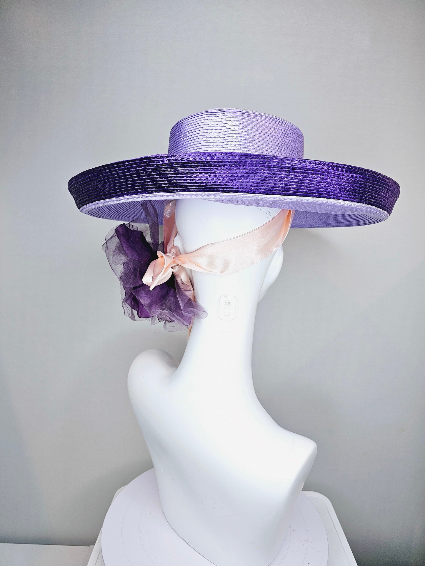 kentucky derby hat wide brim purple and lavender fedora rancher panama hat w gold horsebit decor,pink ribbon w purple organza satin flower