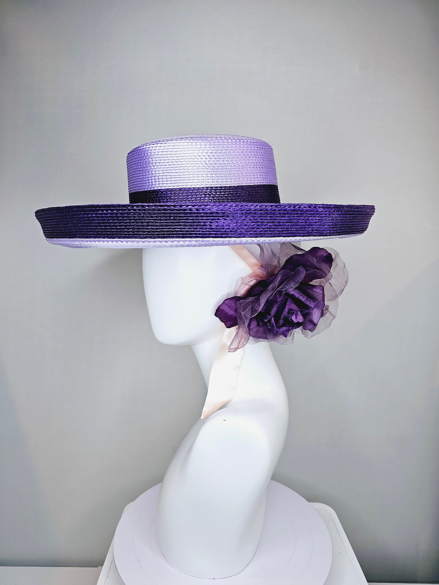 kentucky derby hat wide brim purple and lavender fedora rancher panama hat w gold horsebit decor,pink ribbon w purple organza satin flower