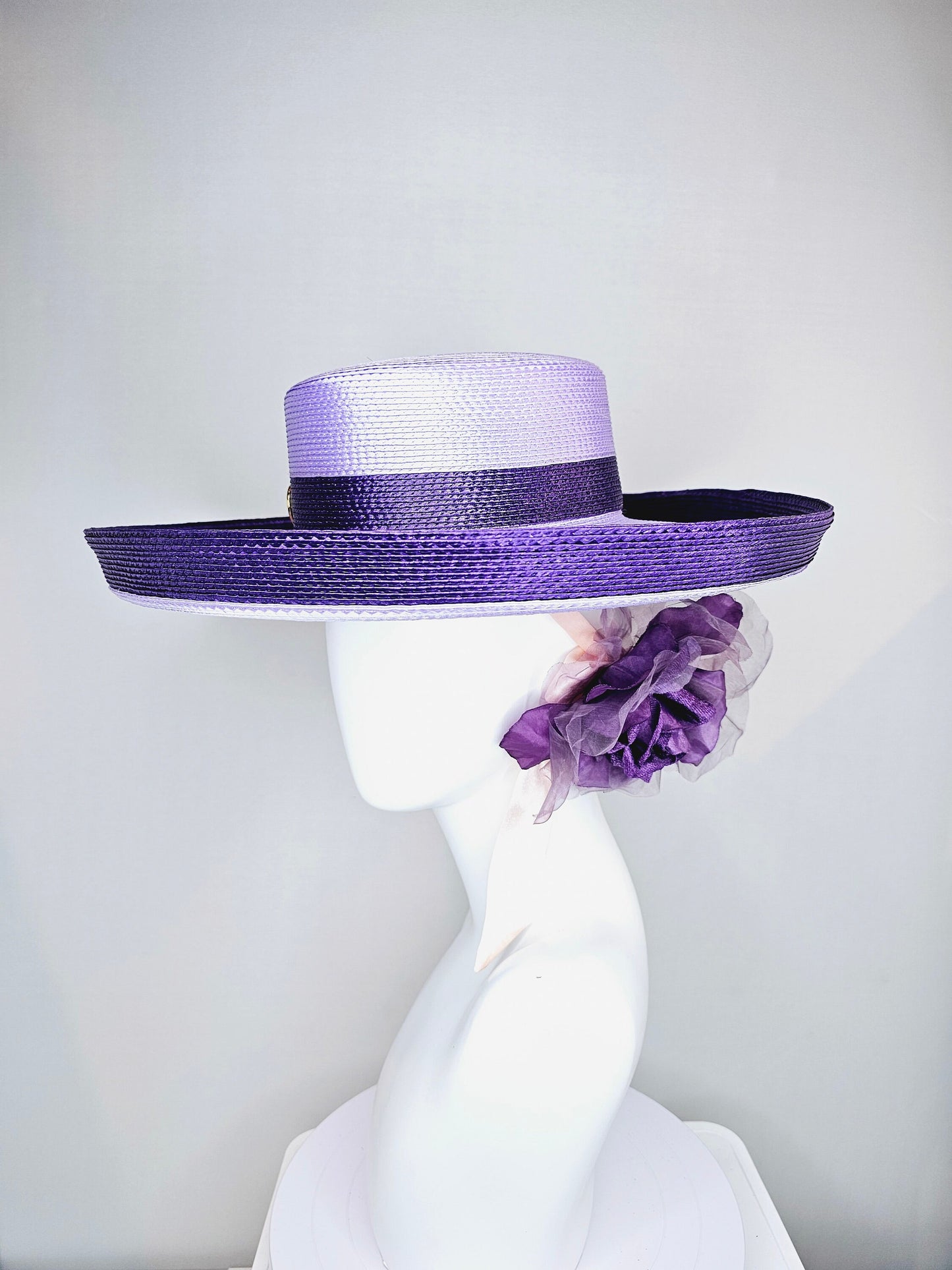 kentucky derby hat wide brim purple and lavender fedora rancher panama hat w gold horsebit decor,pink ribbon w purple organza satin flower