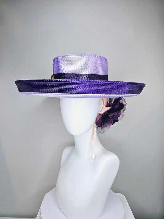 kentucky derby hat wide brim purple and lavender fedora rancher panama hat w gold horsebit decor,pink ribbon w purple organza satin flower