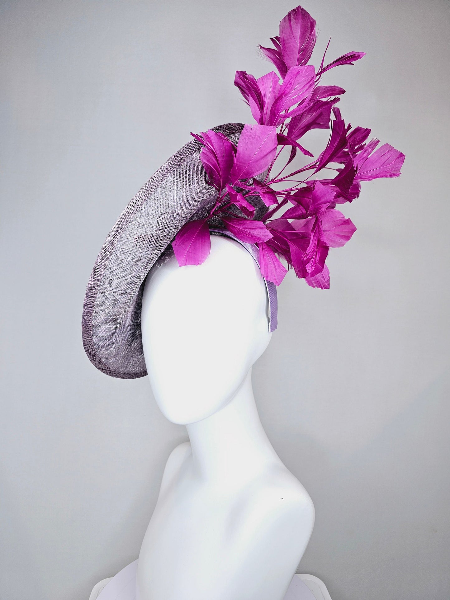 kentucky derby hat fascinator light purple lavender sinamay saucer w pink lavender purple green embroidered flowers,and purple feathers