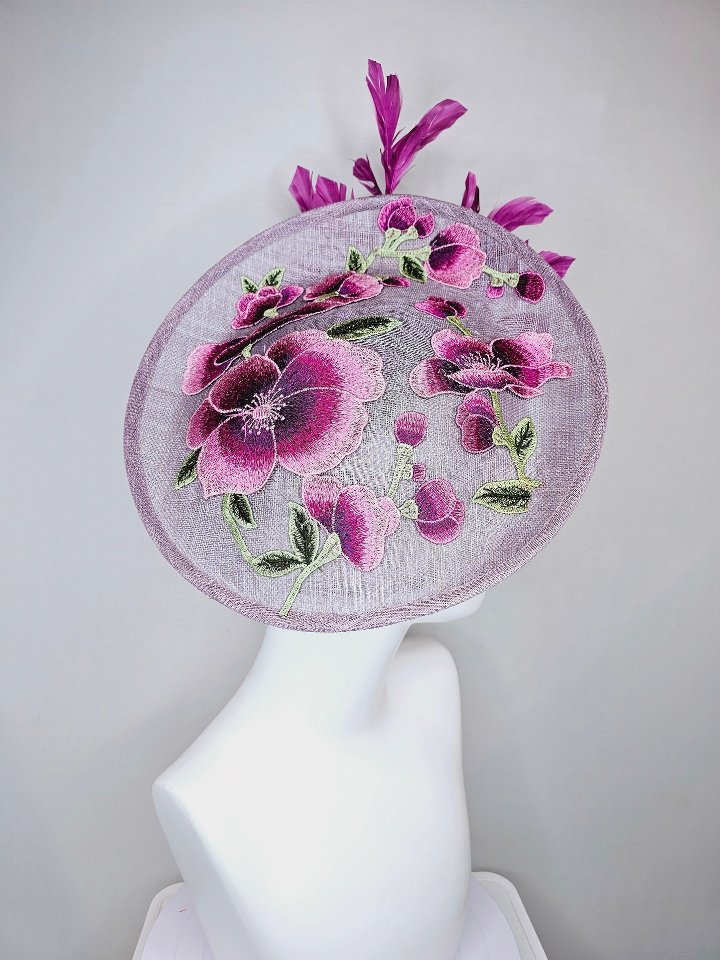 kentucky derby hat fascinator light purple lavender sinamay saucer w pink lavender purple green embroidered flowers,and purple feathers