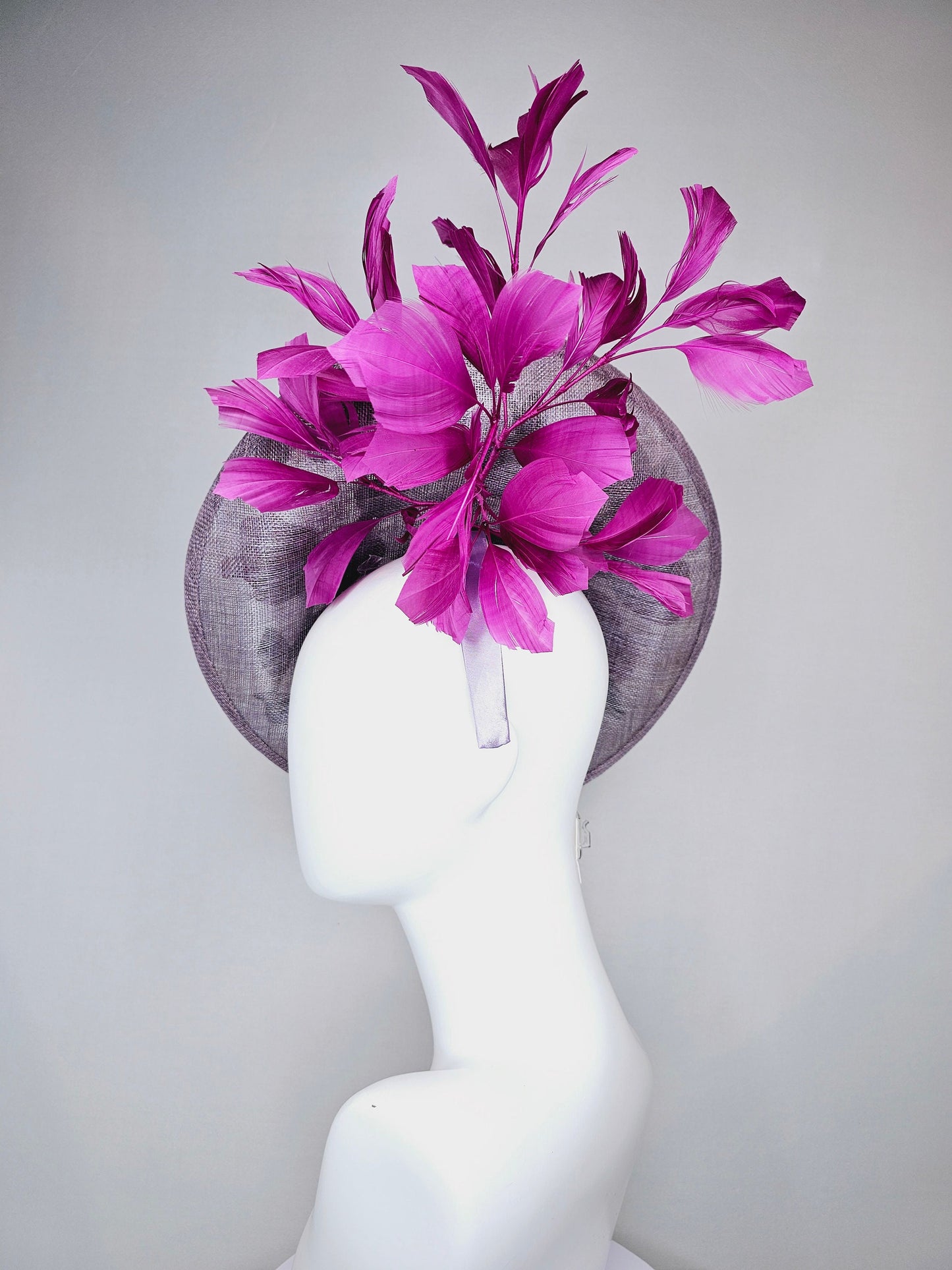 kentucky derby hat fascinator light purple lavender sinamay saucer w pink lavender purple green embroidered flowers,and purple feathers