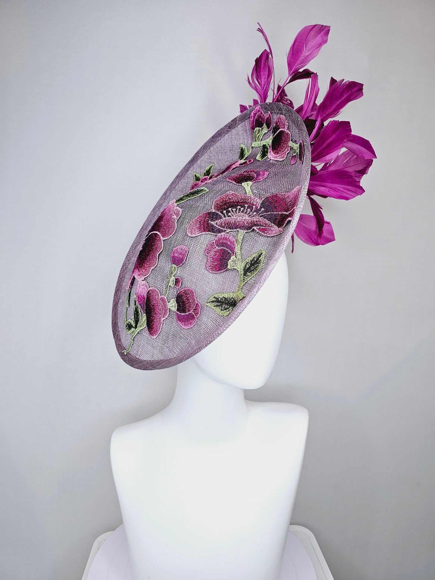 kentucky derby hat fascinator light purple lavender sinamay saucer w pink lavender purple green embroidered flowers,and purple feathers