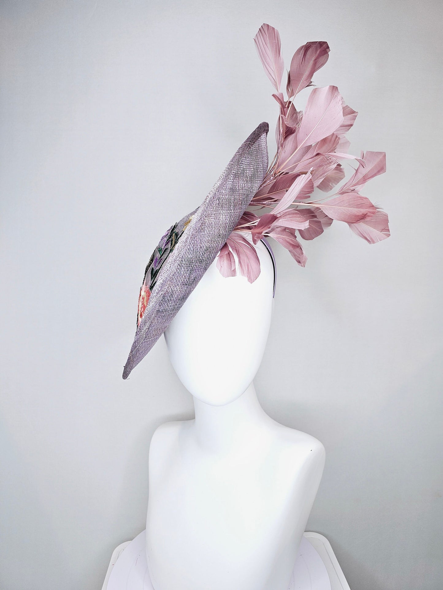 kentucky derby hat fascinator light purple lavender sinamay saucer w yellow,green,coral,gold sequins embroidered flowers,blush pink feathers