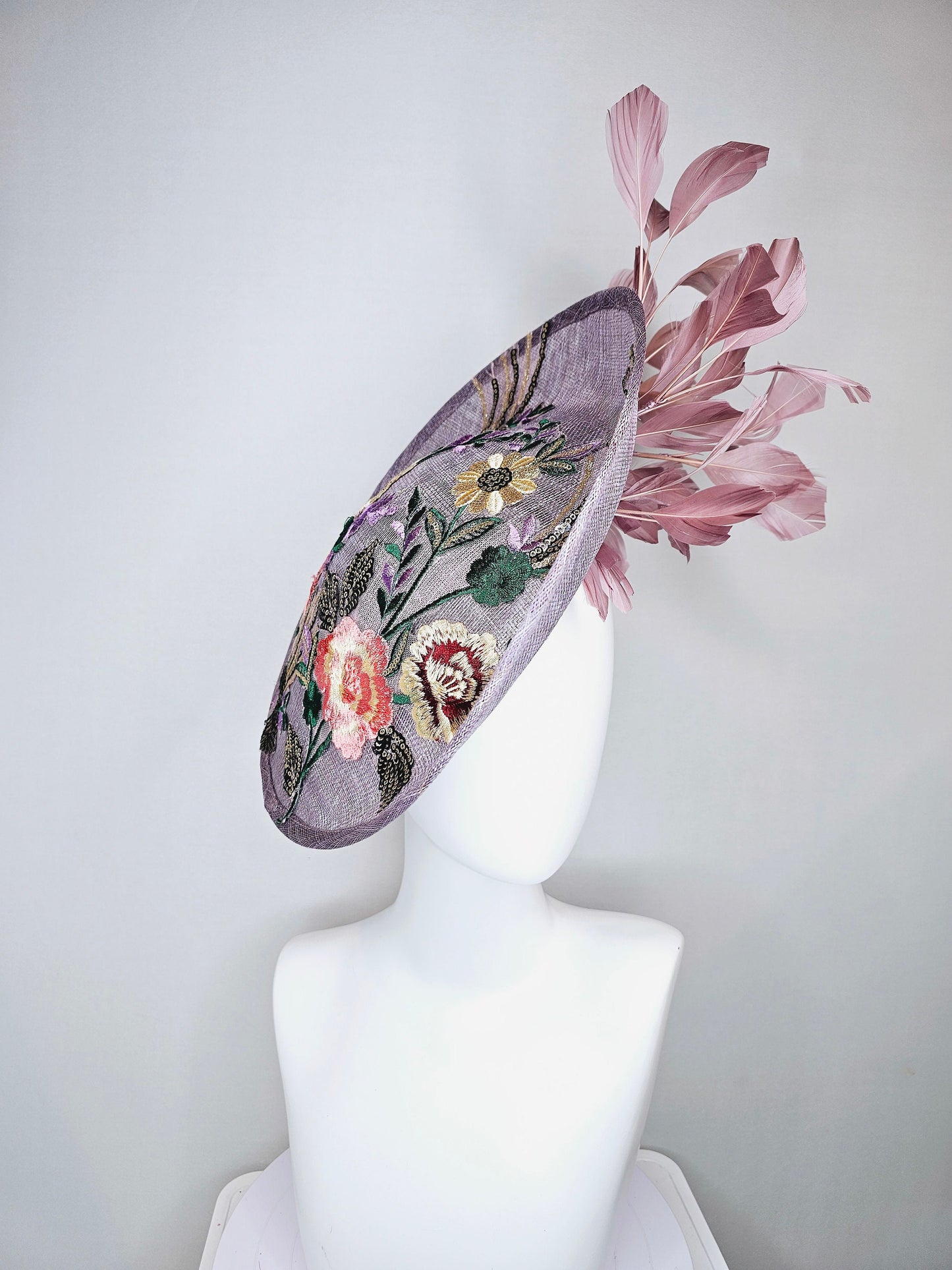 kentucky derby hat fascinator light purple lavender sinamay saucer w yellow,green,coral,gold sequins embroidered flowers,blush pink feathers