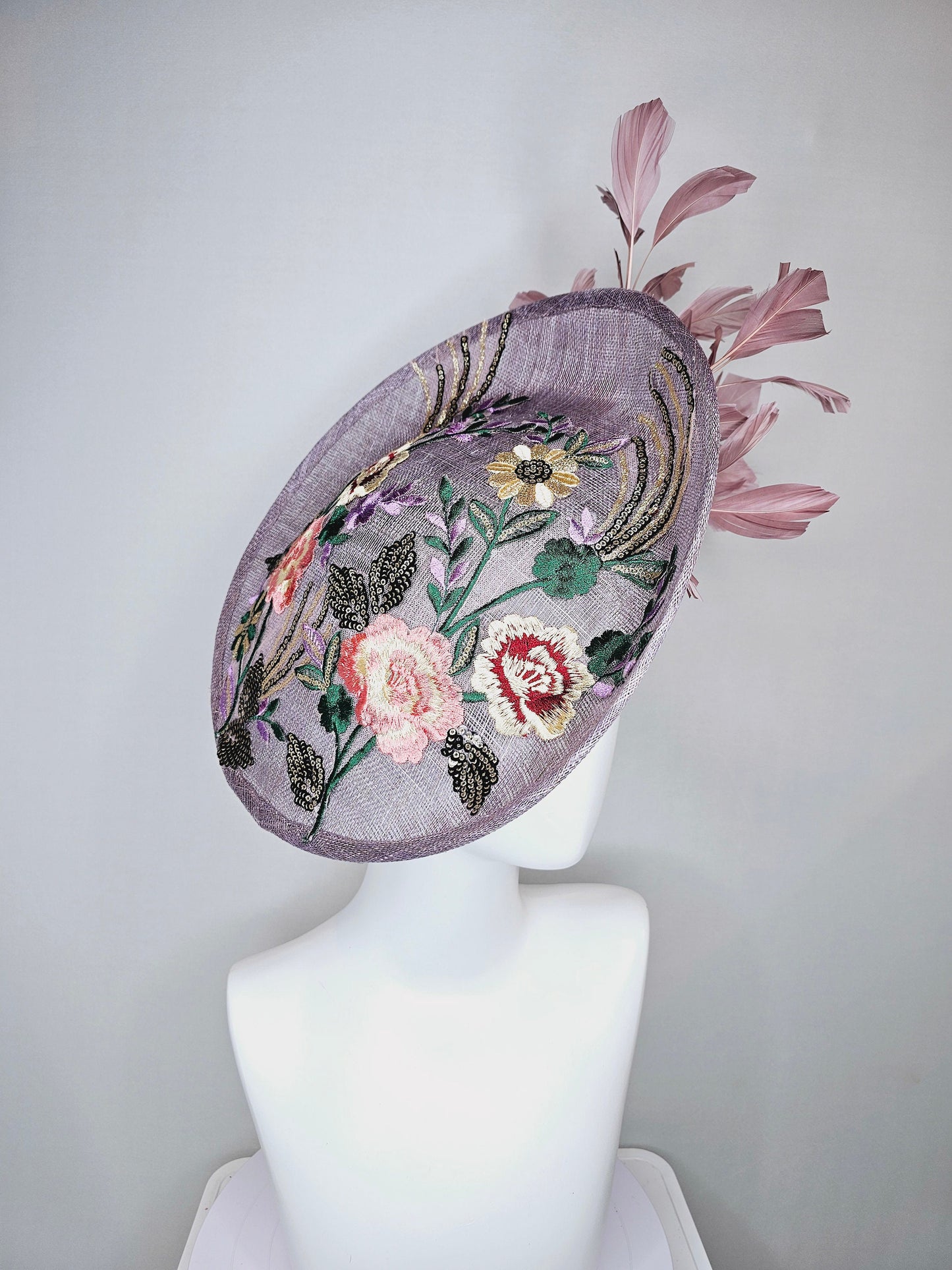 kentucky derby hat fascinator light purple lavender sinamay saucer w yellow,green,coral,gold sequins embroidered flowers,blush pink feathers