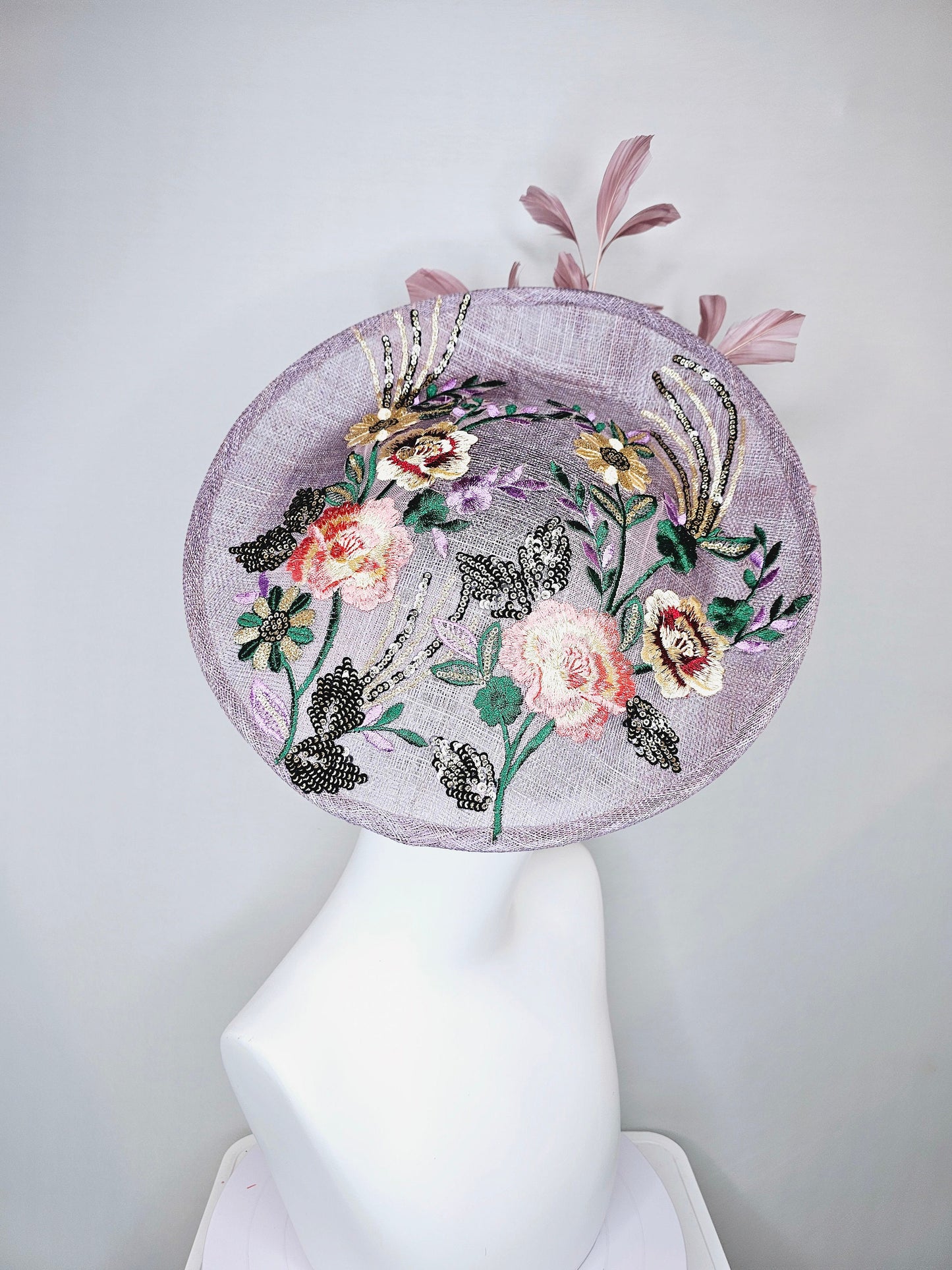 kentucky derby hat fascinator light purple lavender sinamay saucer w yellow,green,coral,gold sequins embroidered flowers,blush pink feathers