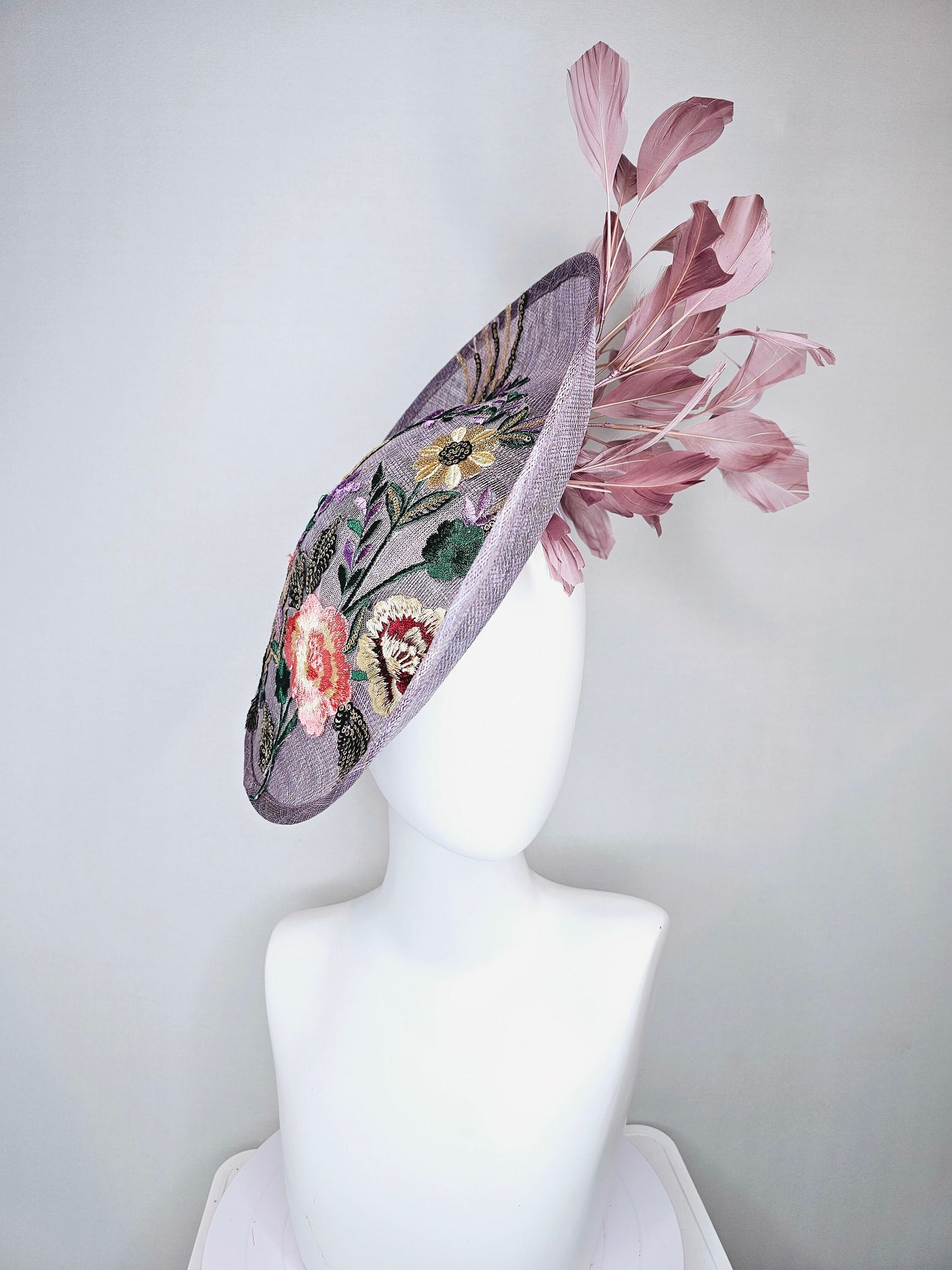 kentucky derby hat fascinator light purple lavender sinamay saucer w yellow,green,coral,gold sequins embroidered flowers,blush pink feathers