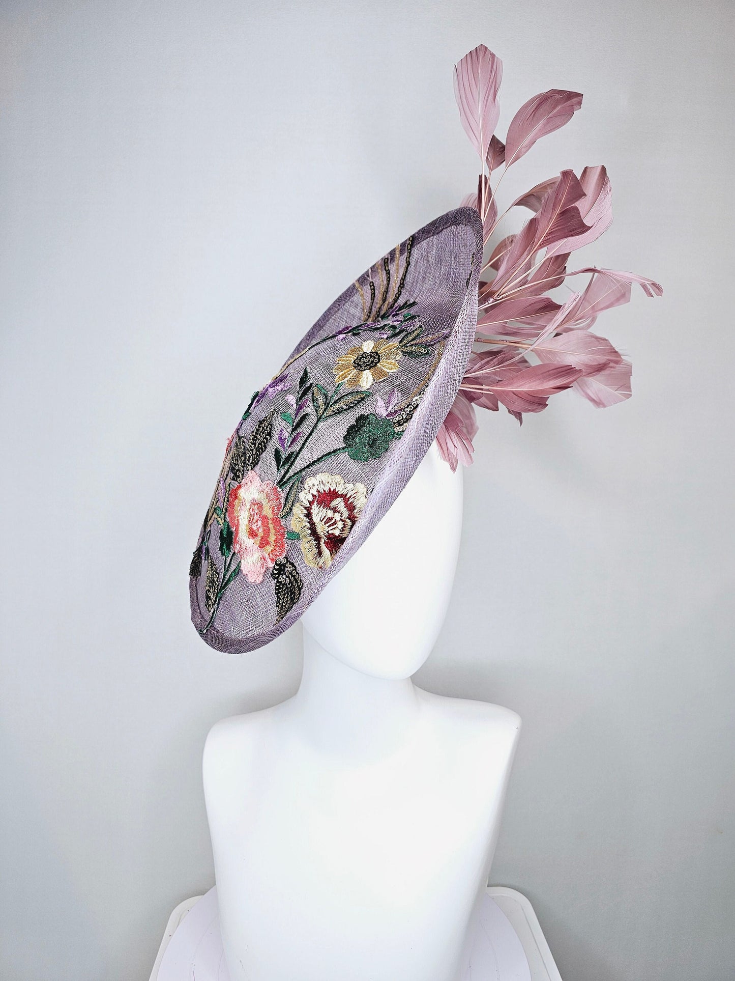 kentucky derby hat fascinator light purple lavender sinamay saucer w yellow,green,coral,gold sequins embroidered flowers,blush pink feathers