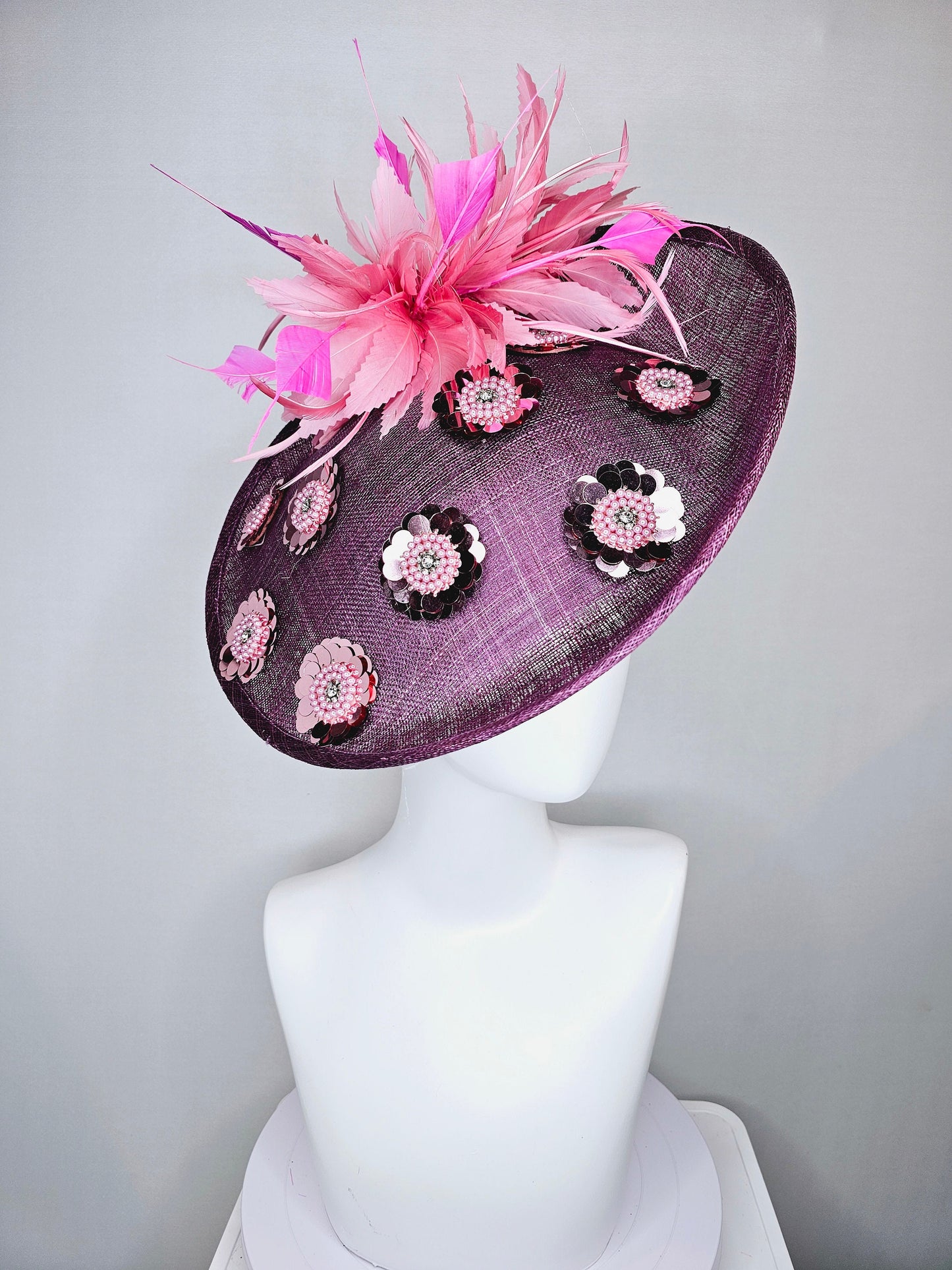 kentucky derby hat fascinator purple mauve sinamay saucer with sequin pink pearls crystal jewel beaded flowers,blush pink fuchsia feathers