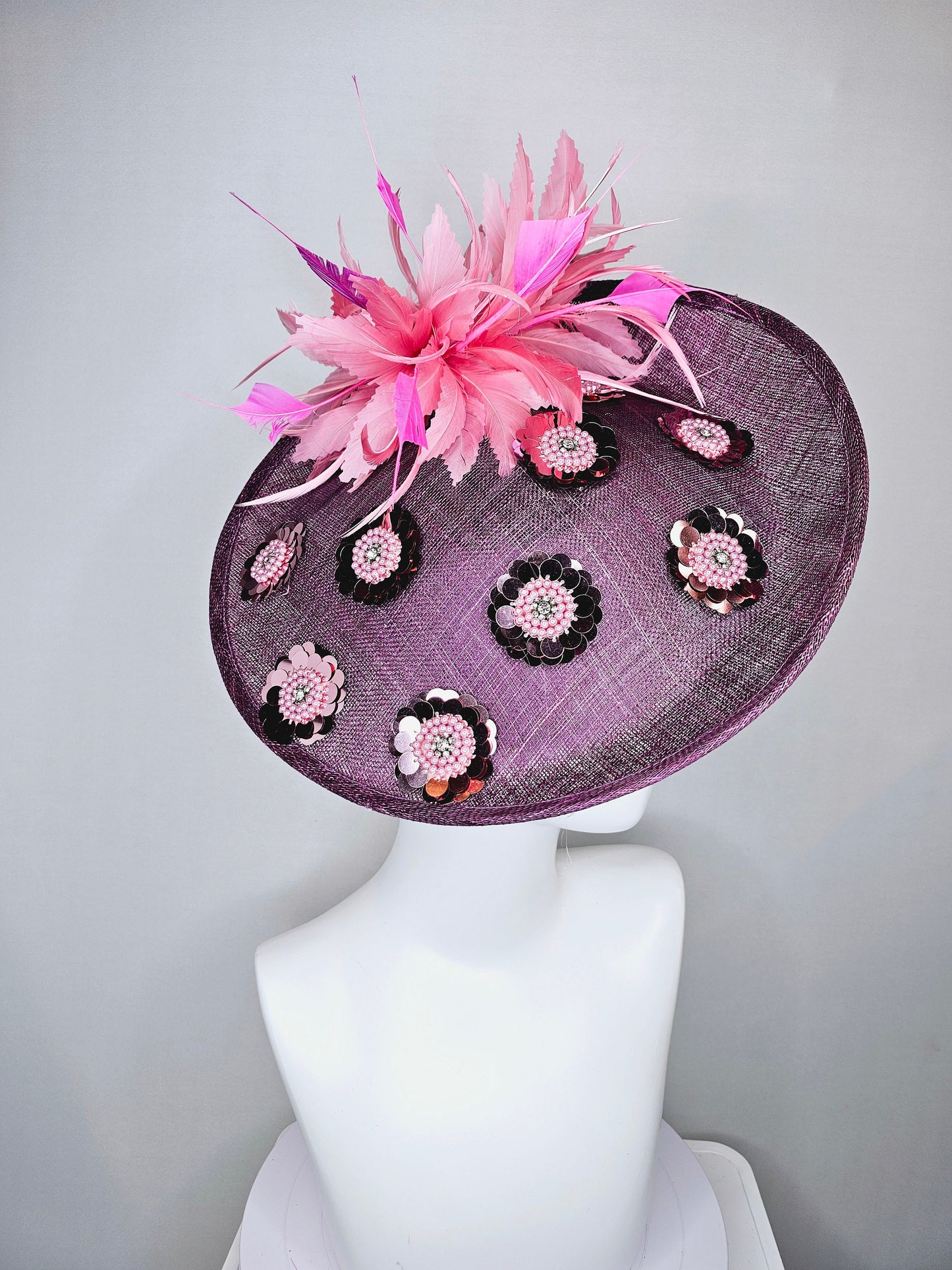 kentucky derby hat fascinator purple mauve sinamay saucer with sequin pink pearls crystal jewel beaded flowers,blush pink fuchsia feathers