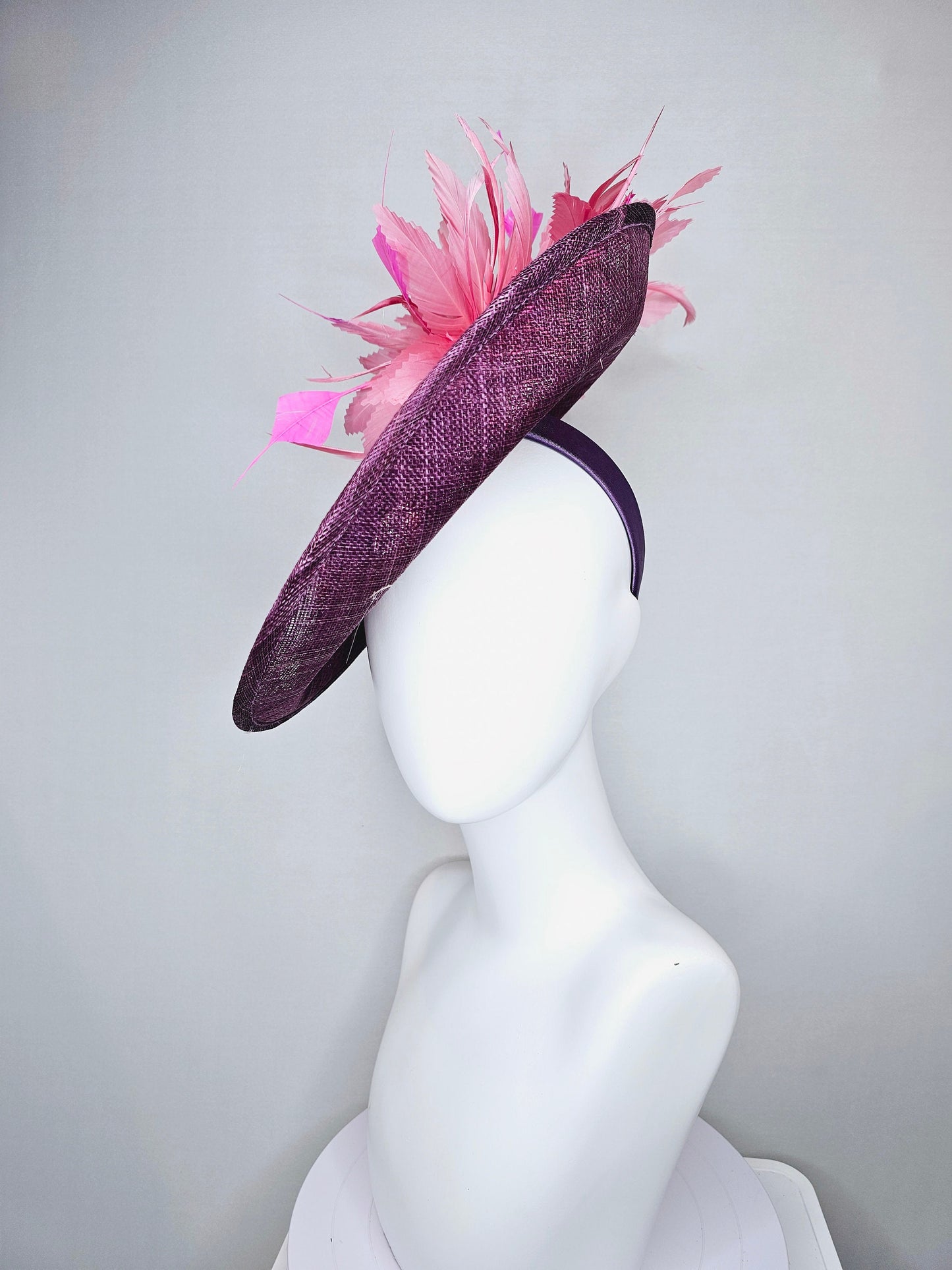 kentucky derby hat fascinator purple mauve sinamay saucer with sequin pink pearls crystal jewel beaded flowers,blush pink fuchsia feathers