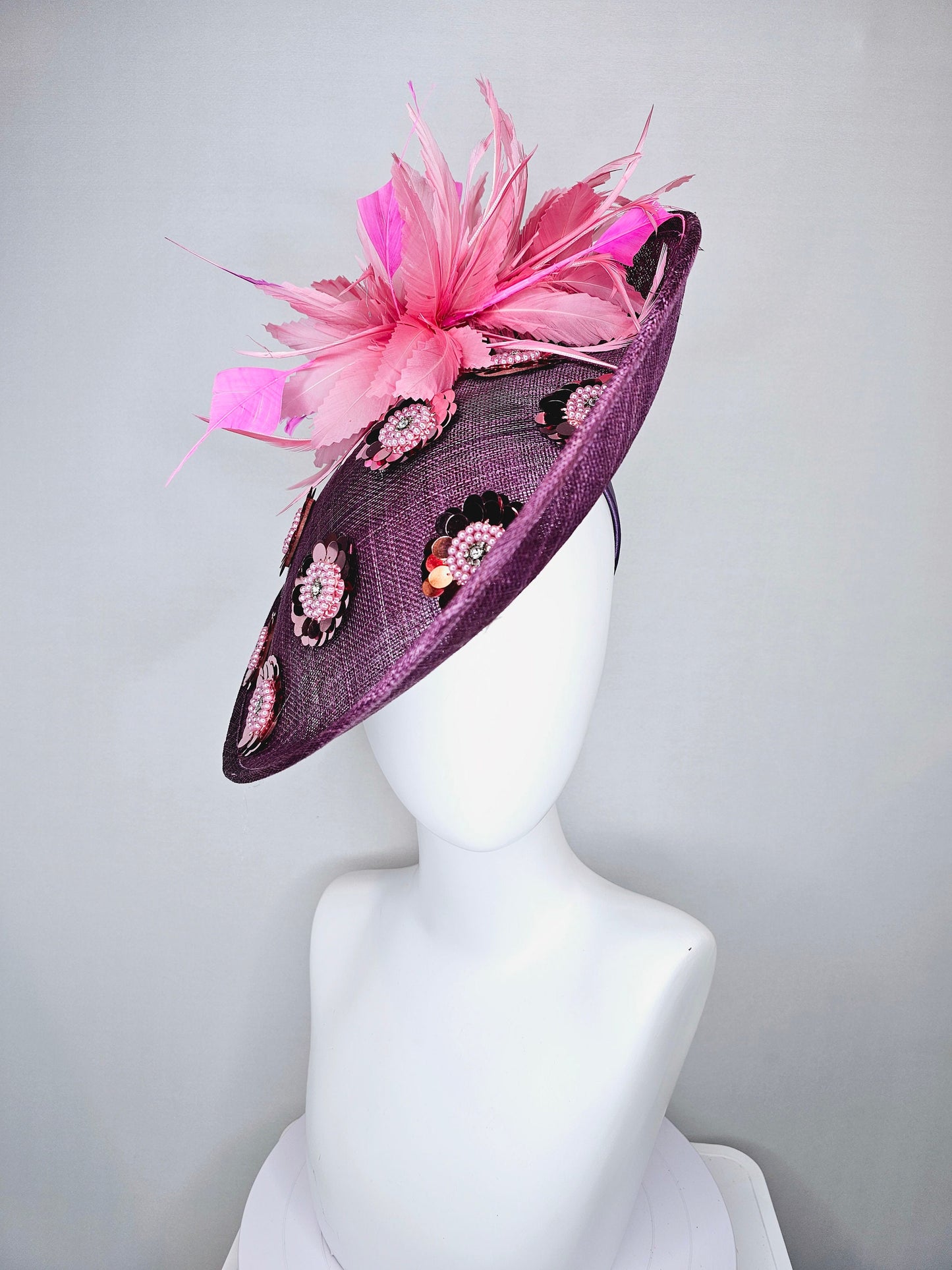 kentucky derby hat fascinator purple mauve sinamay saucer with sequin pink pearls crystal jewel beaded flowers,blush pink fuchsia feathers