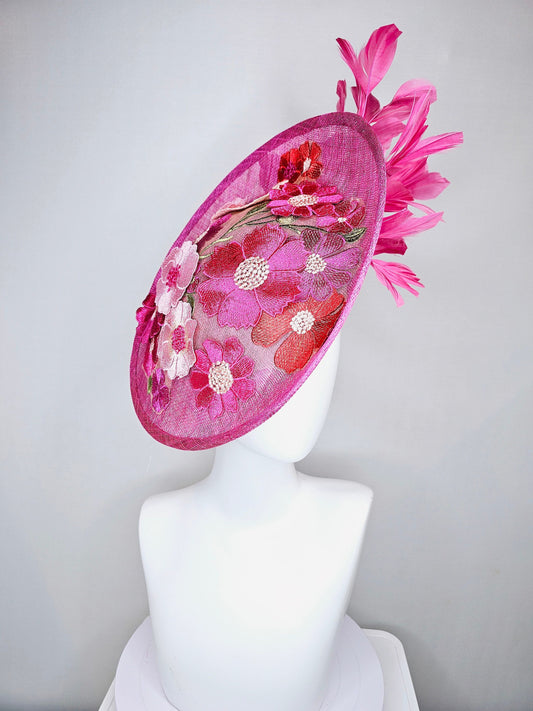 kentucky derby hat fascinator pink sinamay saucer with red pink green ivory floral embroidered, and pink feathers