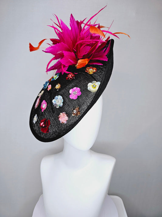 kentucky derby hat fascinator black sinamay saucer with rainbow colorful sequin crystal rhinestone beaded flowers,hot pink orange feathers