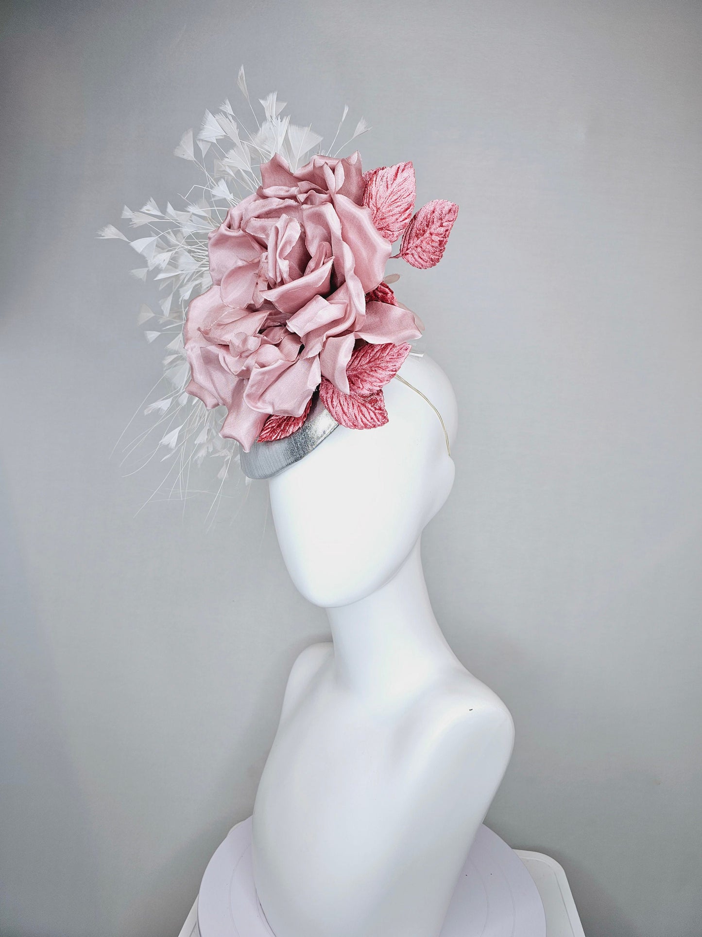 kentucky derby hat fascinator silver metallic with large blush pink satin flower and pink velvet leaves, white branching feathers