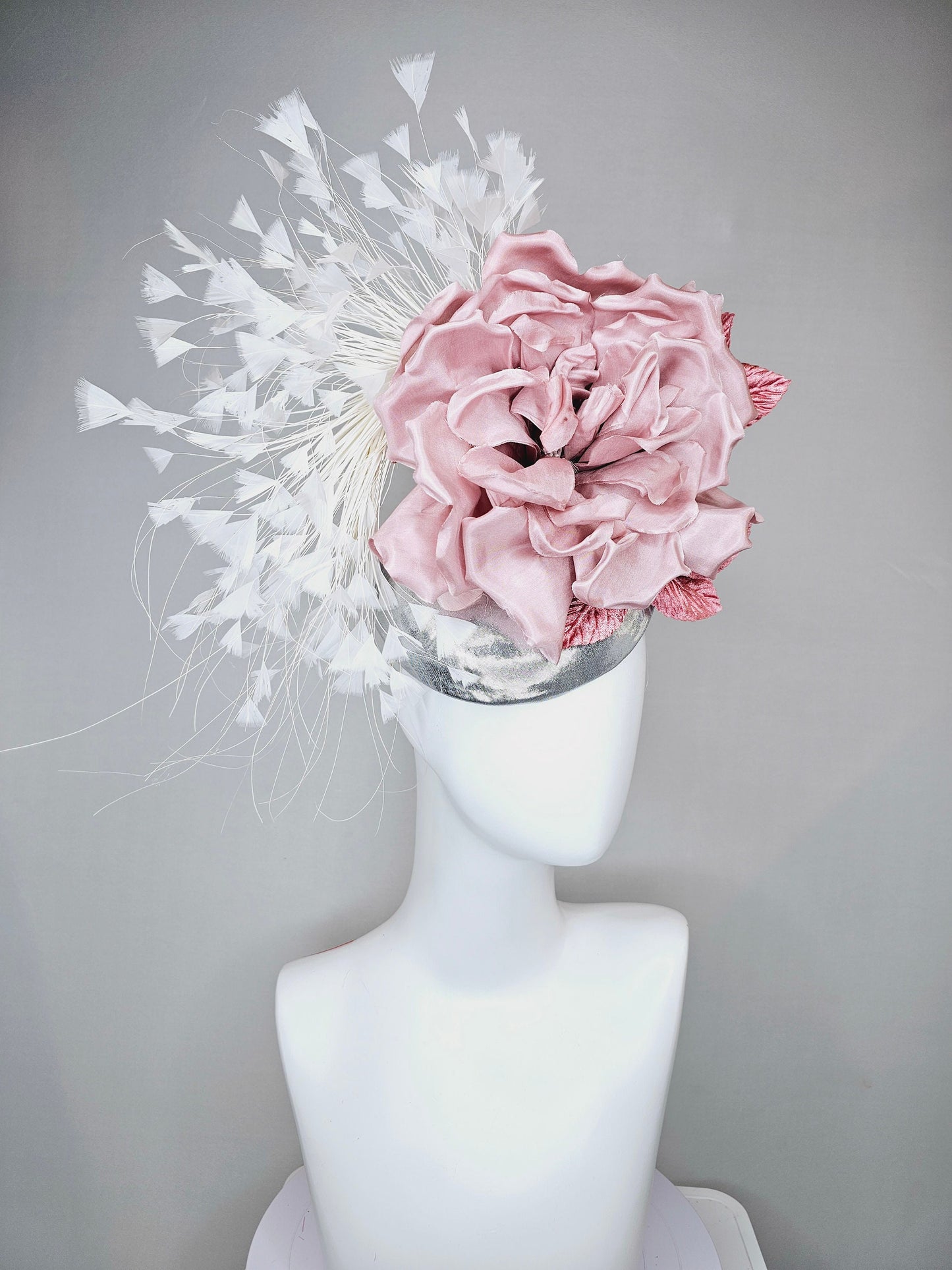 kentucky derby hat fascinator silver metallic with large blush pink satin flower and pink velvet leaves, white branching feathers