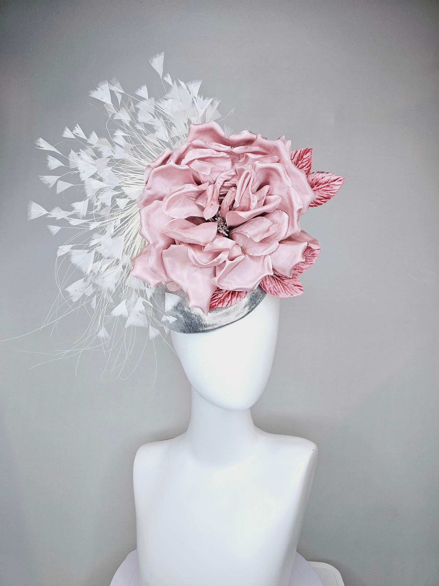 kentucky derby hat fascinator silver metallic with large blush pink satin flower and pink velvet leaves, white branching feathers