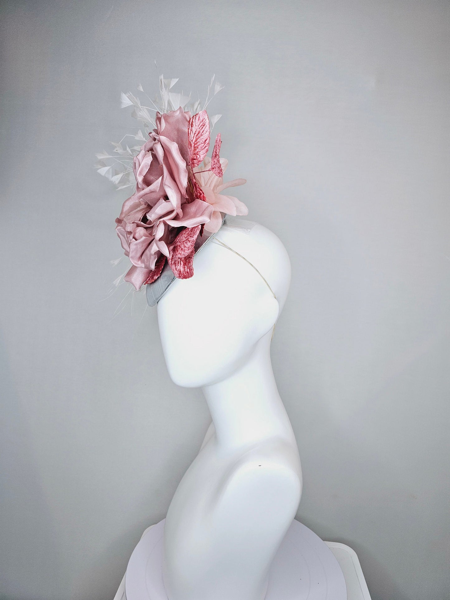 kentucky derby hat fascinator silver metallic with large blush pink satin flower and pink velvet leaves, white branching feathers