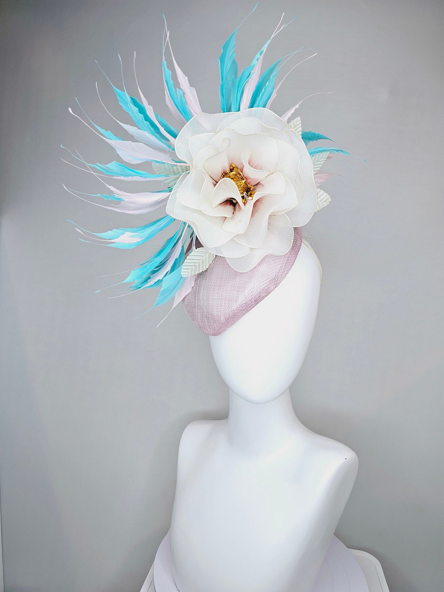 kentucky derby hat fascinator blush light pink sinamay with aqua turquoise blue white feathers and large ivory cream flower with gold core