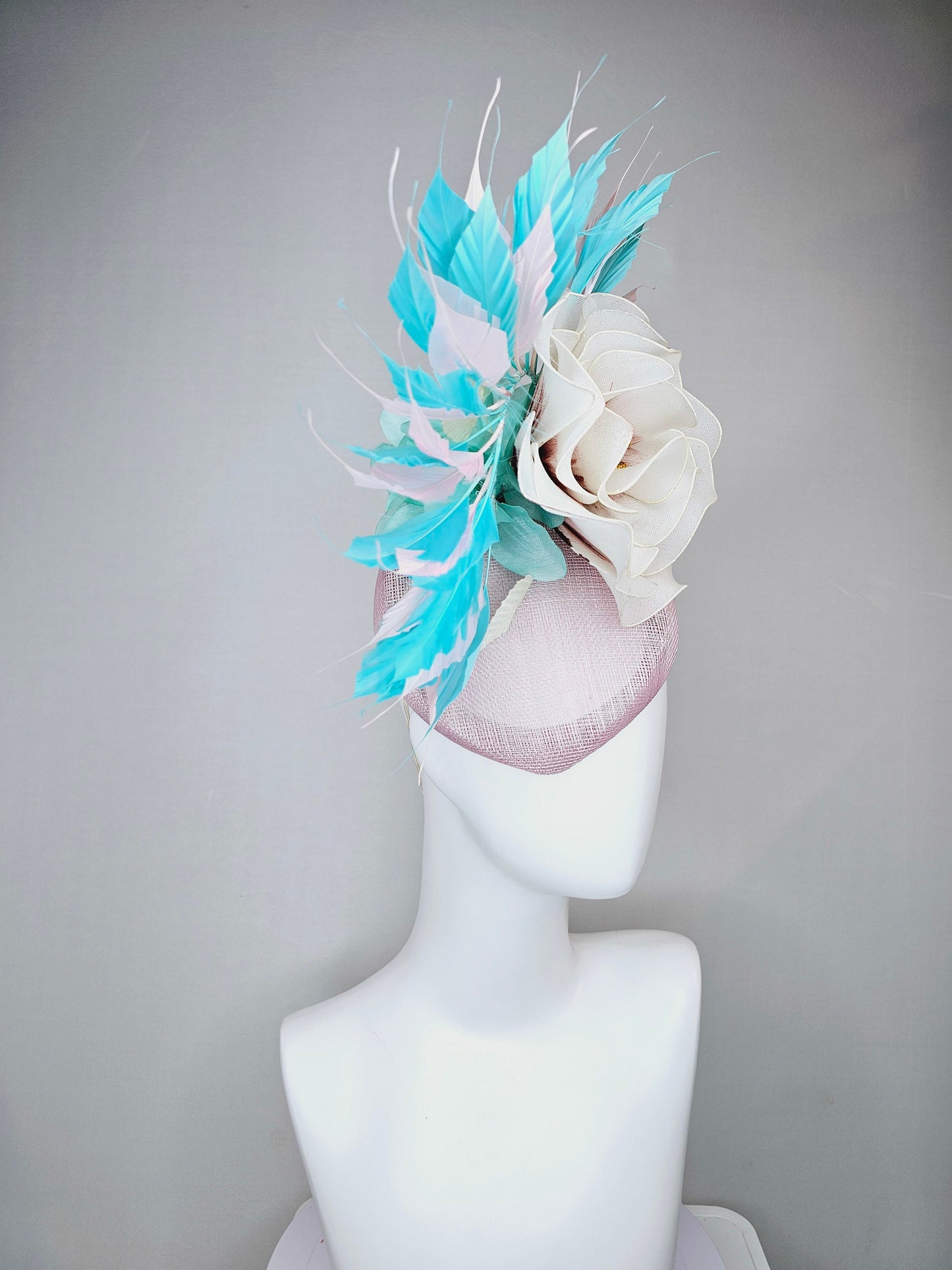 kentucky derby hat fascinator blush light pink sinamay with aqua turquoise blue white feathers and large ivory cream flower with gold core