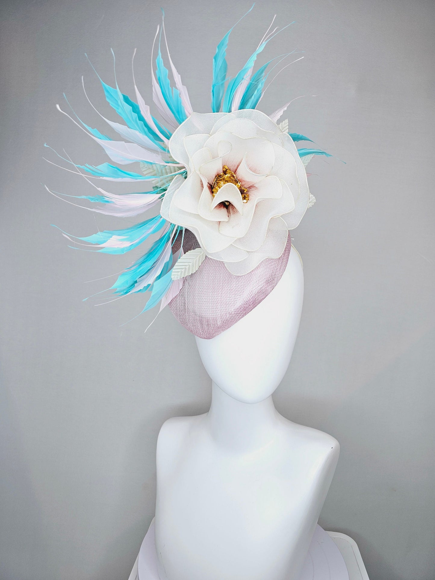 kentucky derby hat fascinator blush light pink sinamay with aqua turquoise blue white feathers and large ivory cream flower with gold core