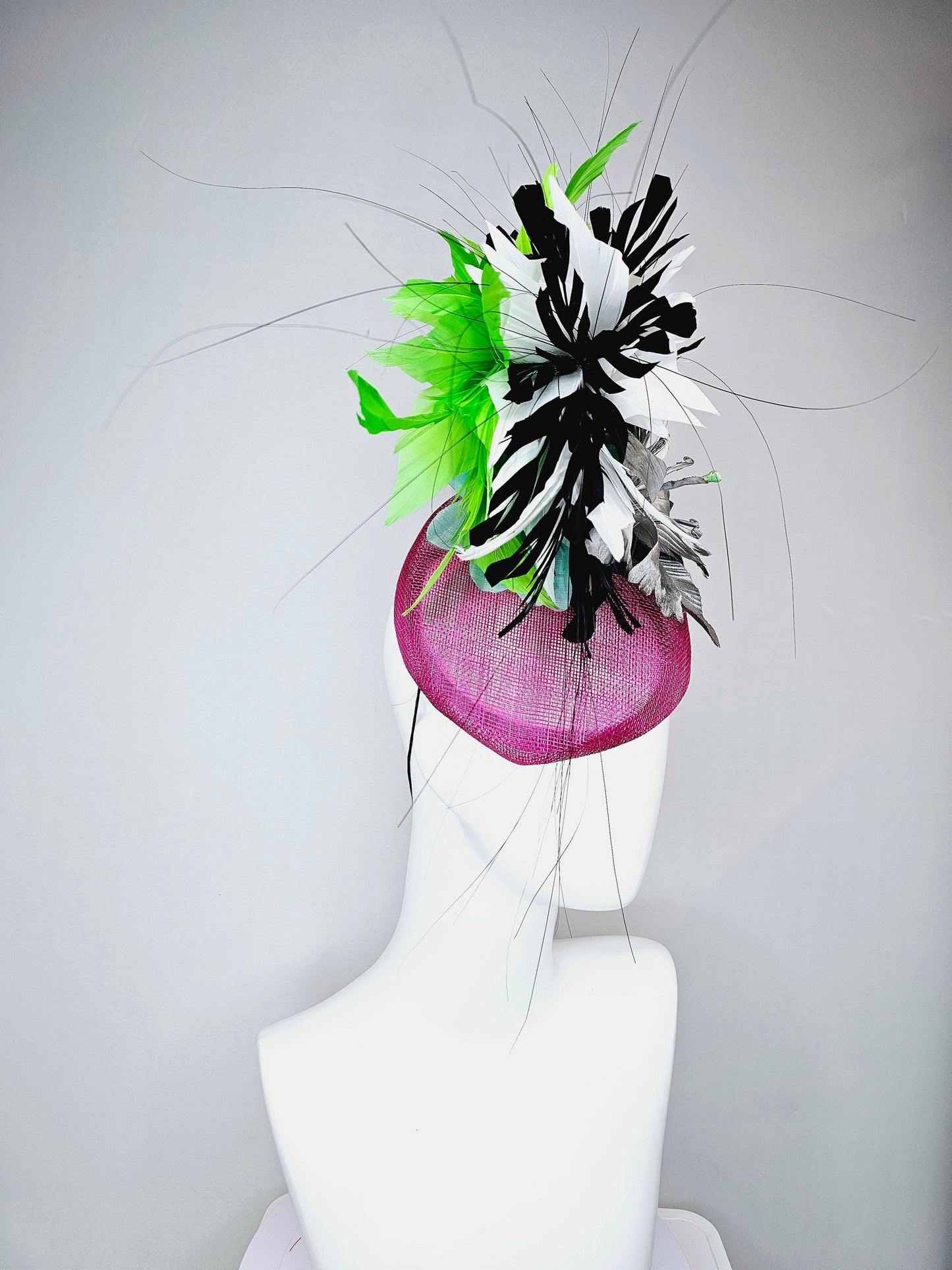 kentucky derby hat fascinator purple magenta violet sinamay with large gray silver metallic satin flower,and black,white,lime green feathers