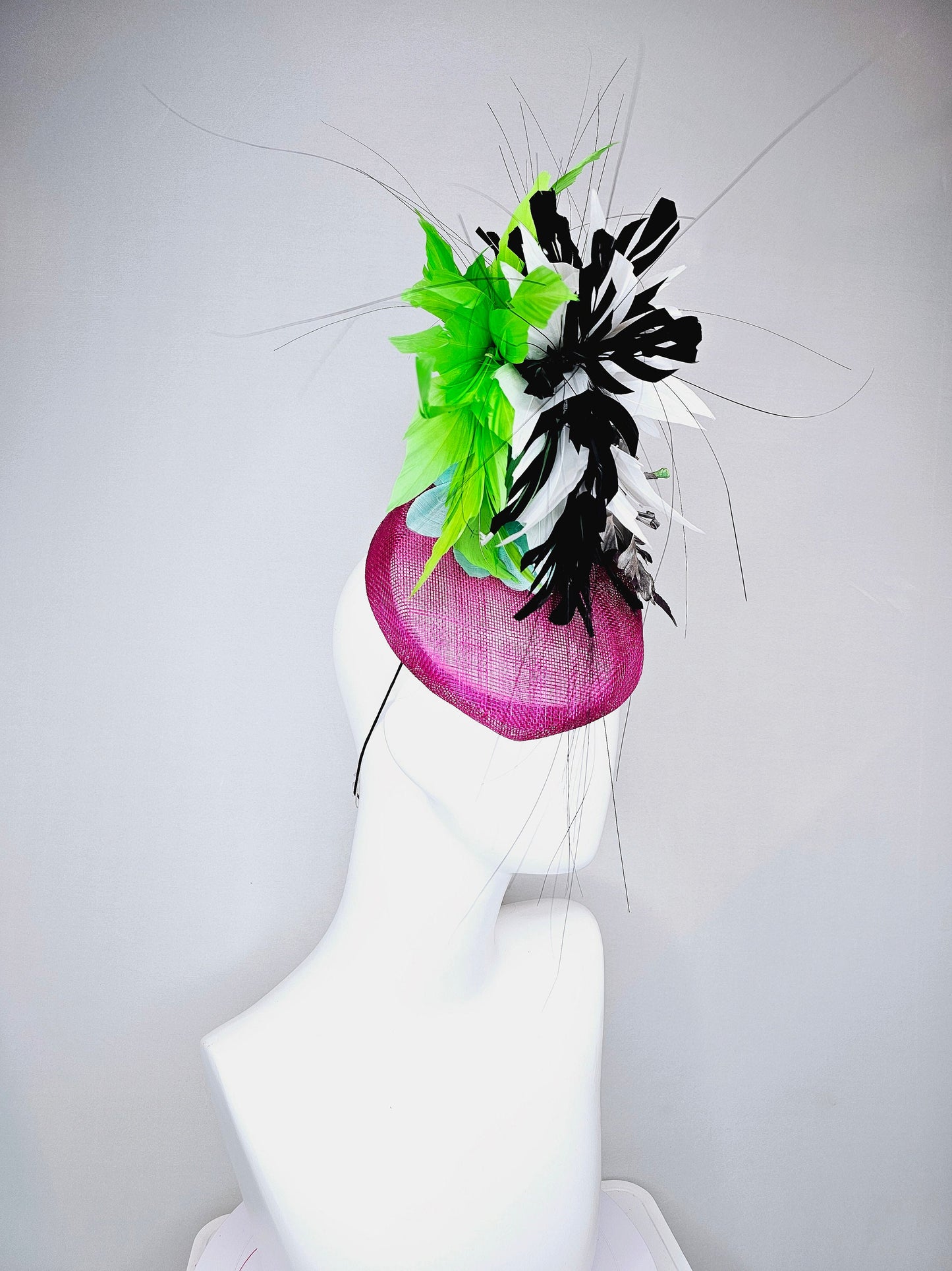 kentucky derby hat fascinator purple magenta violet sinamay with large gray silver metallic satin flower,and black,white,lime green feathers