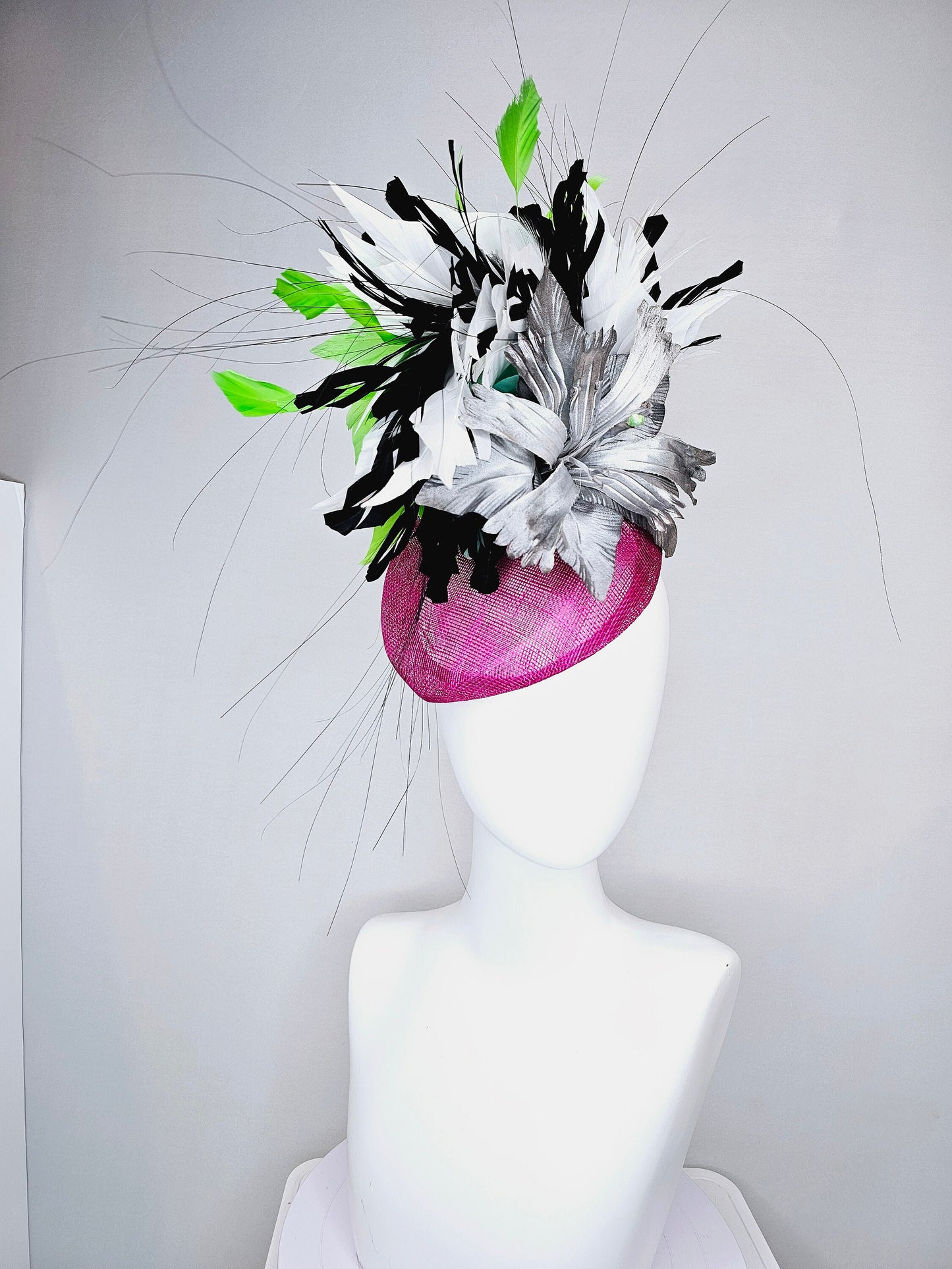 kentucky derby hat fascinator purple magenta violet sinamay with large gray silver metallic satin flower,and black,white,lime green feathers