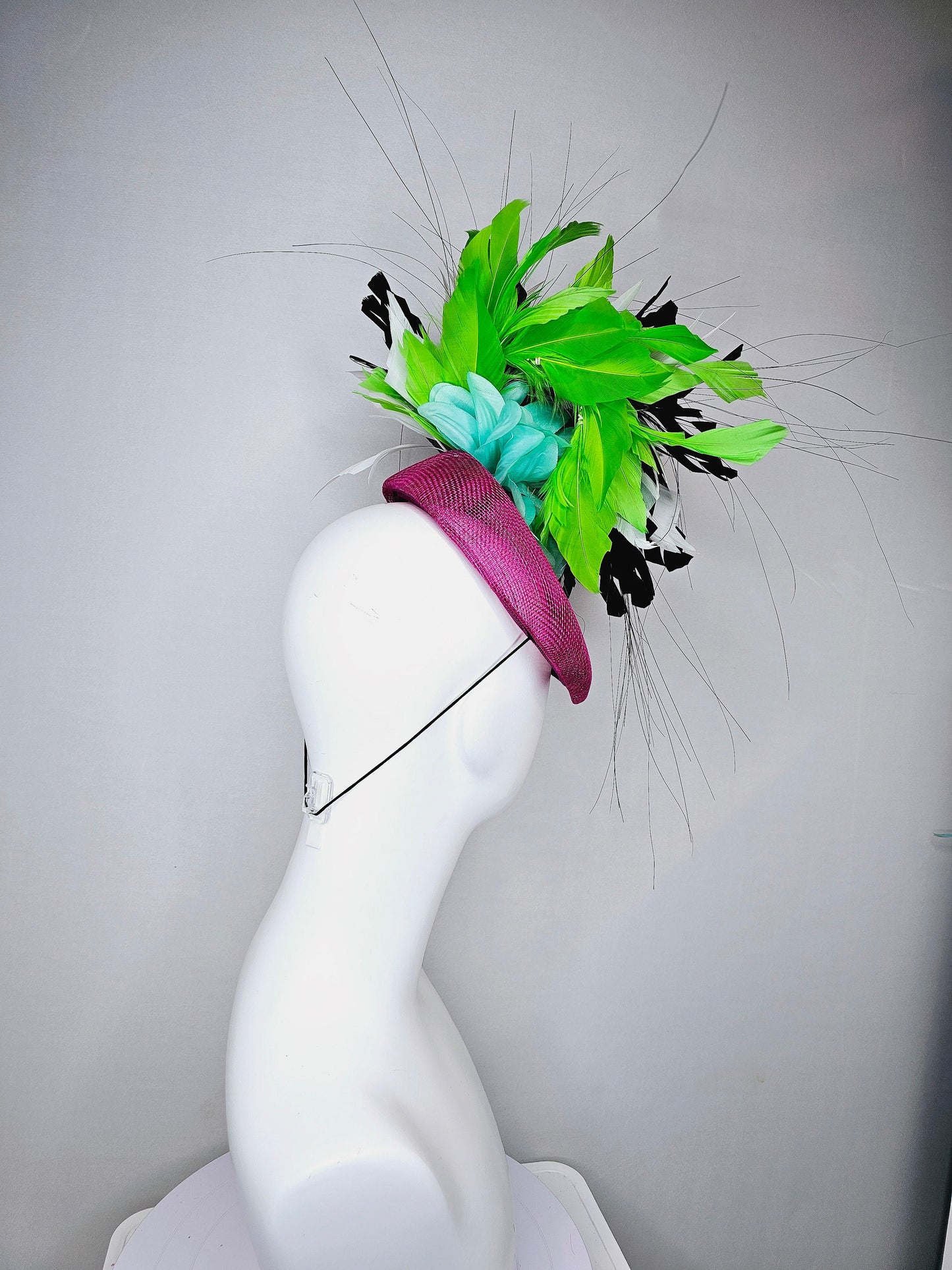 kentucky derby hat fascinator purple magenta violet sinamay with large gray silver metallic satin flower,and black,white,lime green feathers