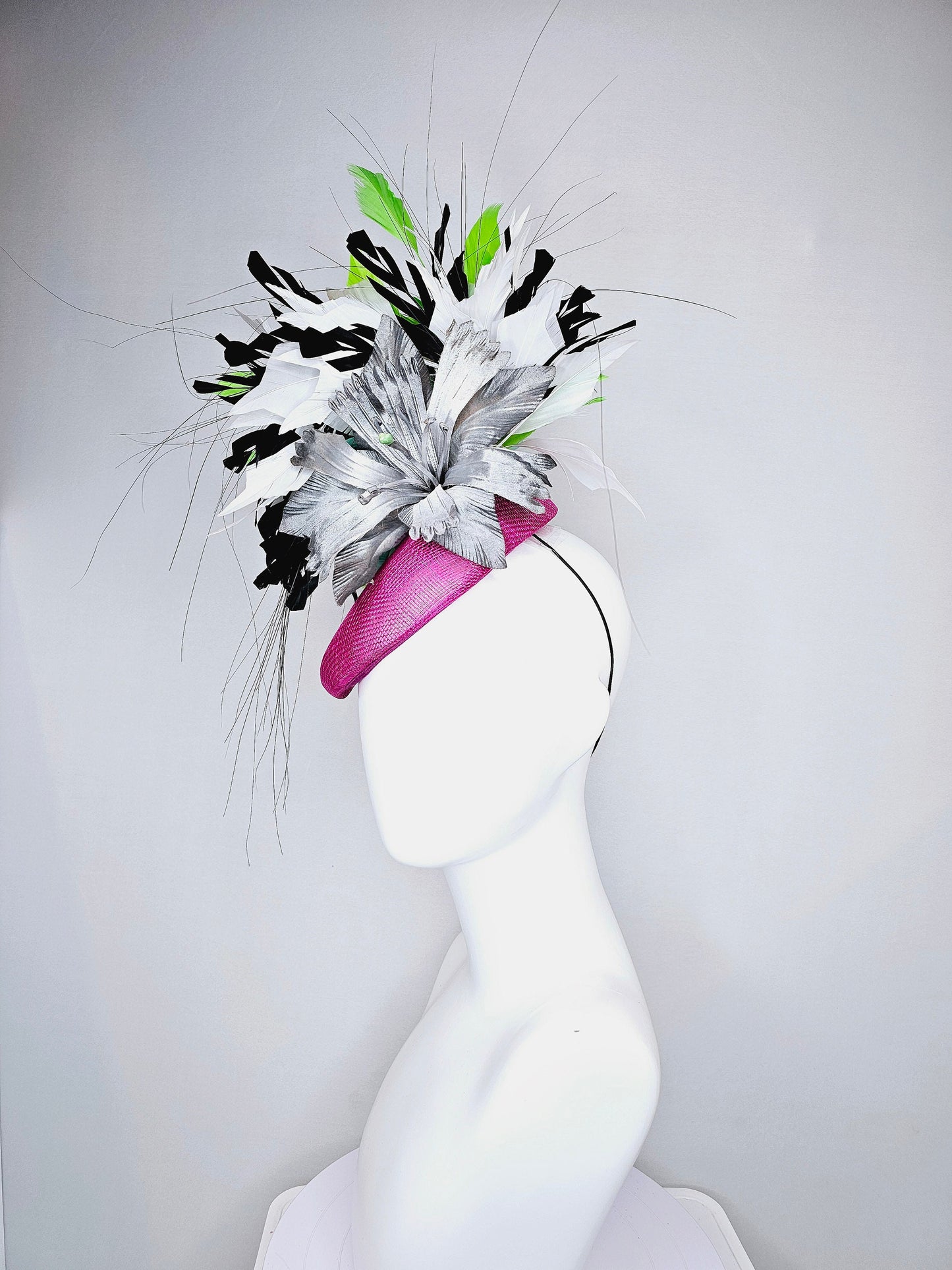 kentucky derby hat fascinator purple magenta violet sinamay with large gray silver metallic satin flower,and black,white,lime green feathers