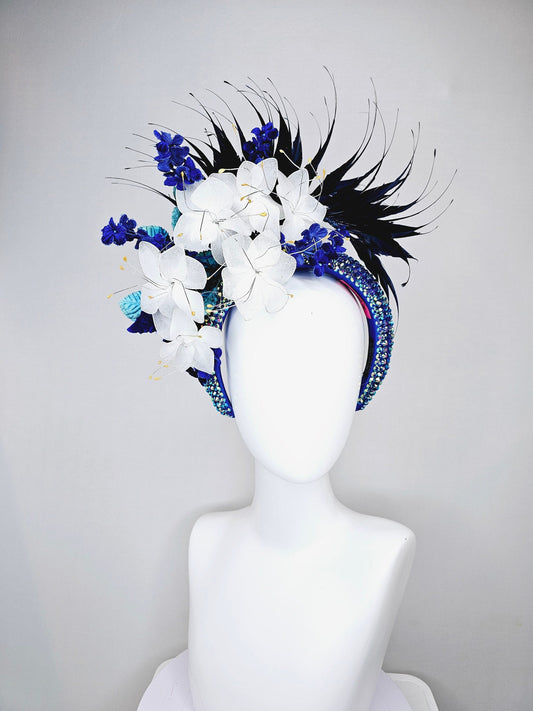 kentucky derby hat fascinator iridescent blue rhinestone crystal headband with white wire flowers,midnight blue feathers,blue velvet leaves