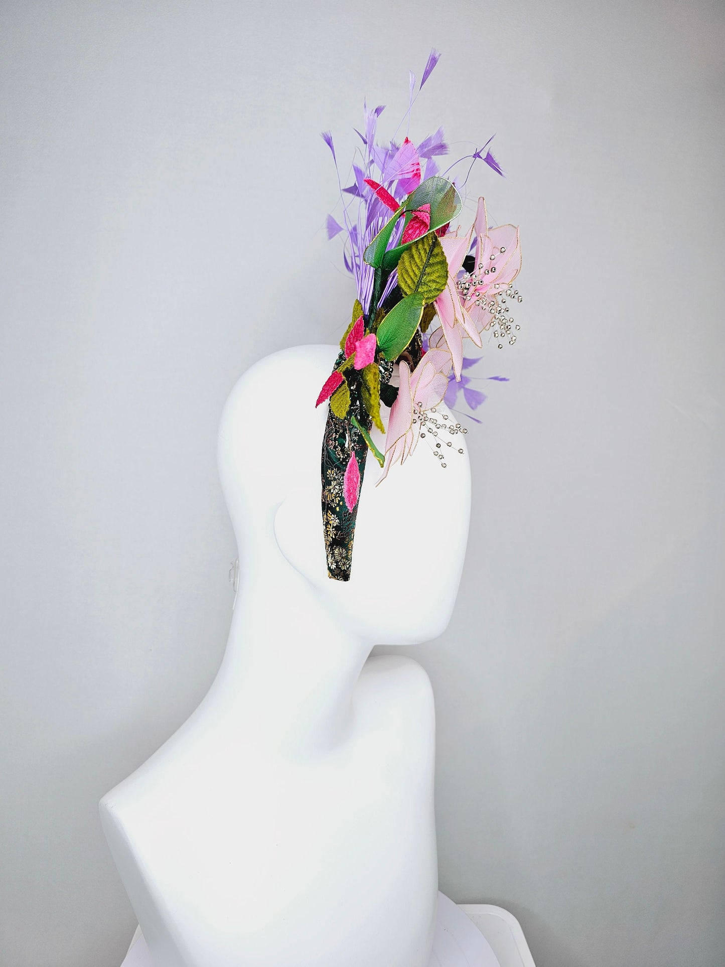 kentucky derby hat fascinator hunter green crystal rhinestone headband,baby pink wire mesh flowers,pink green leaves,with lavender feathers