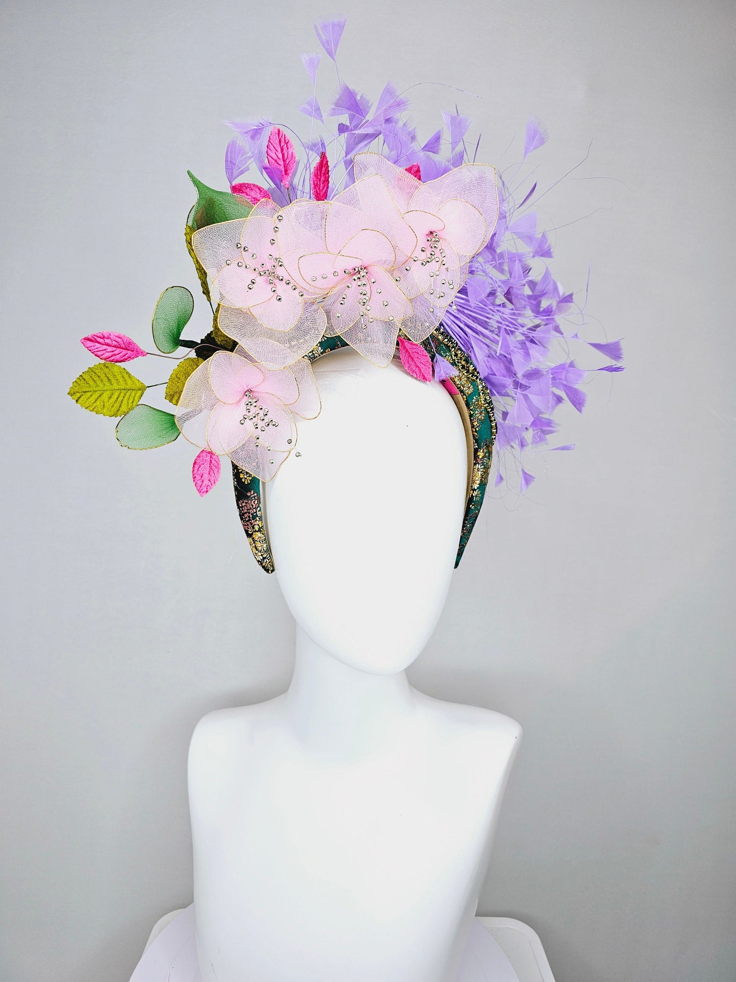 kentucky derby hat fascinator hunter green crystal rhinestone headband,baby pink wire mesh flowers,pink green leaves,with lavender feathers