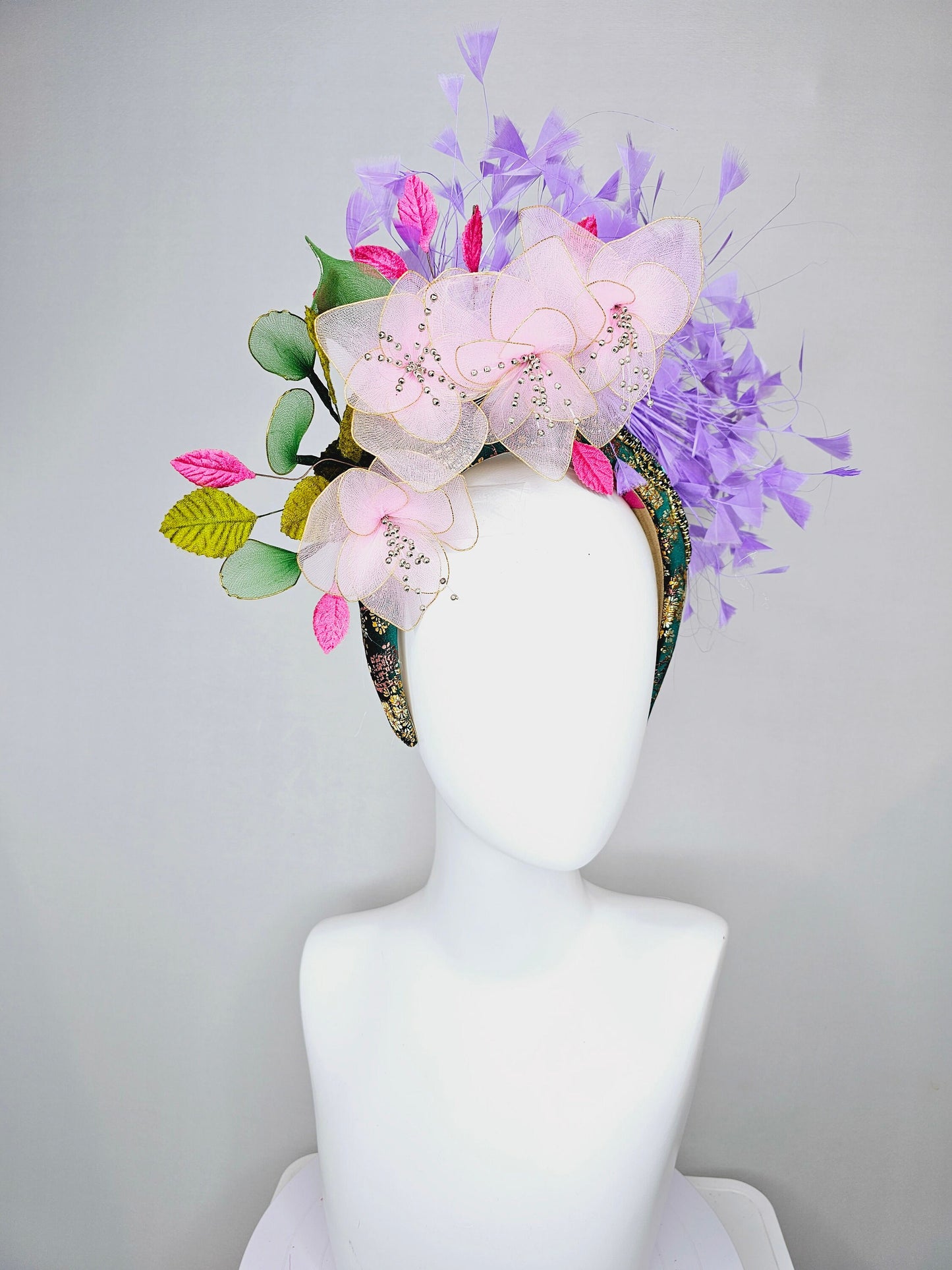 kentucky derby hat fascinator hunter green crystal rhinestone headband,baby pink wire mesh flowers,pink green leaves,with lavender feathers