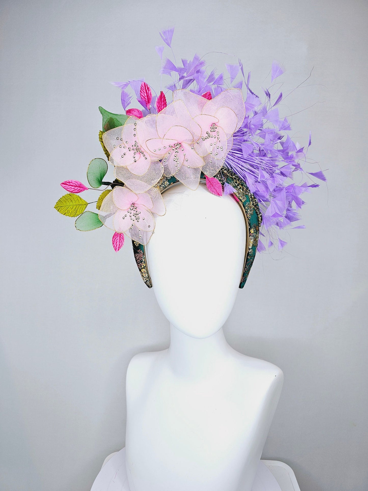 kentucky derby hat fascinator hunter green crystal rhinestone headband,baby pink wire mesh flowers,pink green leaves,with lavender feathers