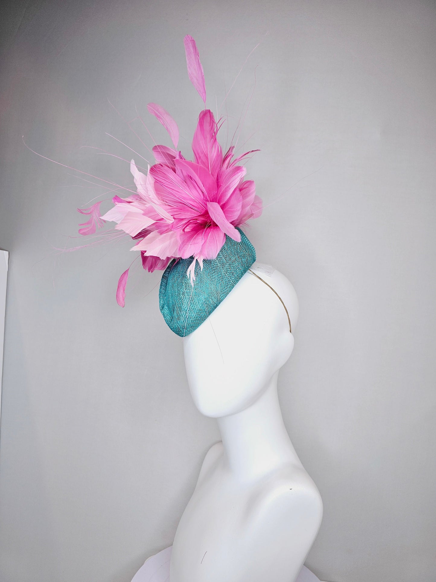 kentucky derby hat fascinator turquoise blue sinamay with fluffy baby pink feather flowers