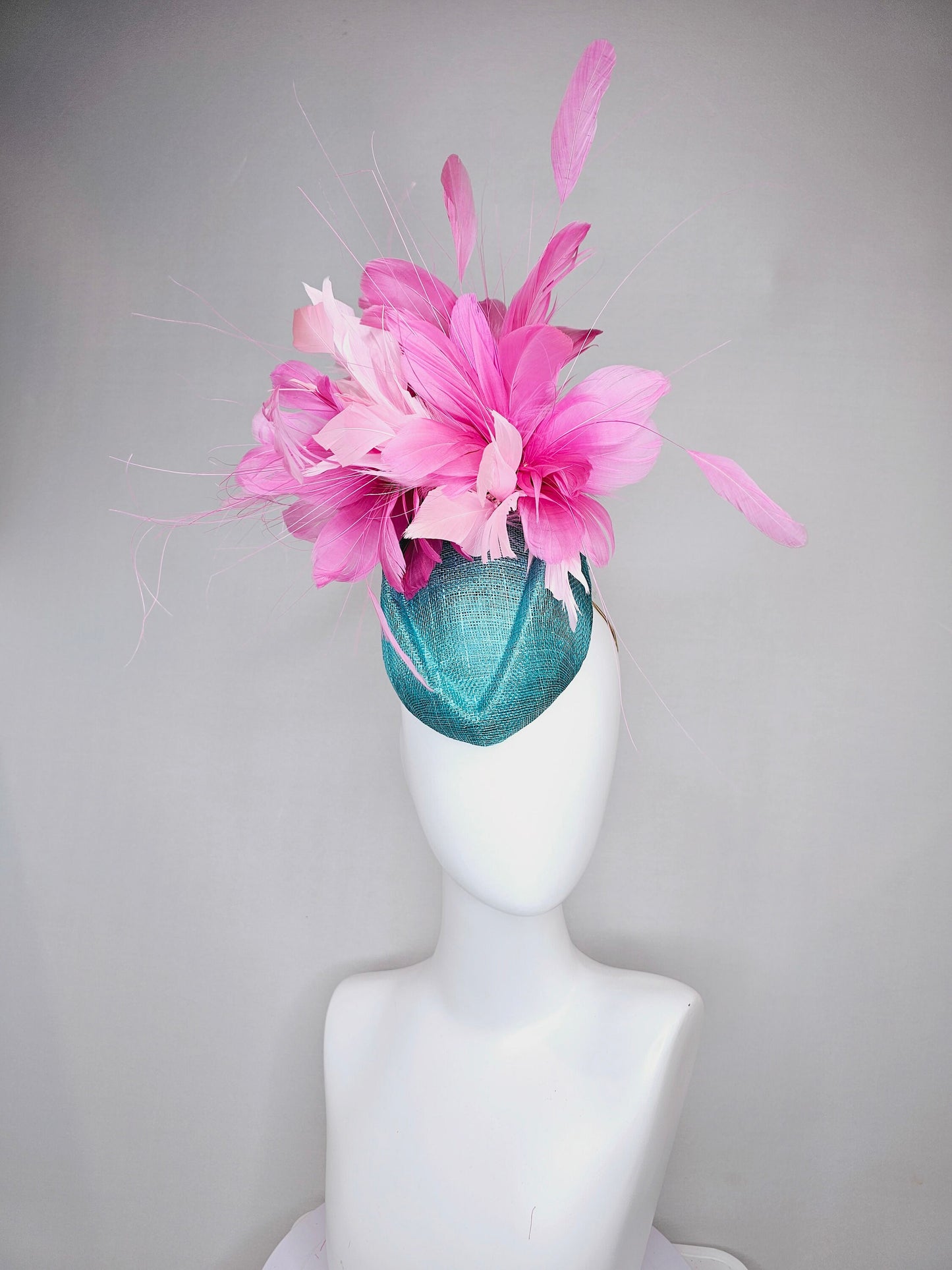 kentucky derby hat fascinator turquoise blue sinamay with fluffy baby pink feather flowers