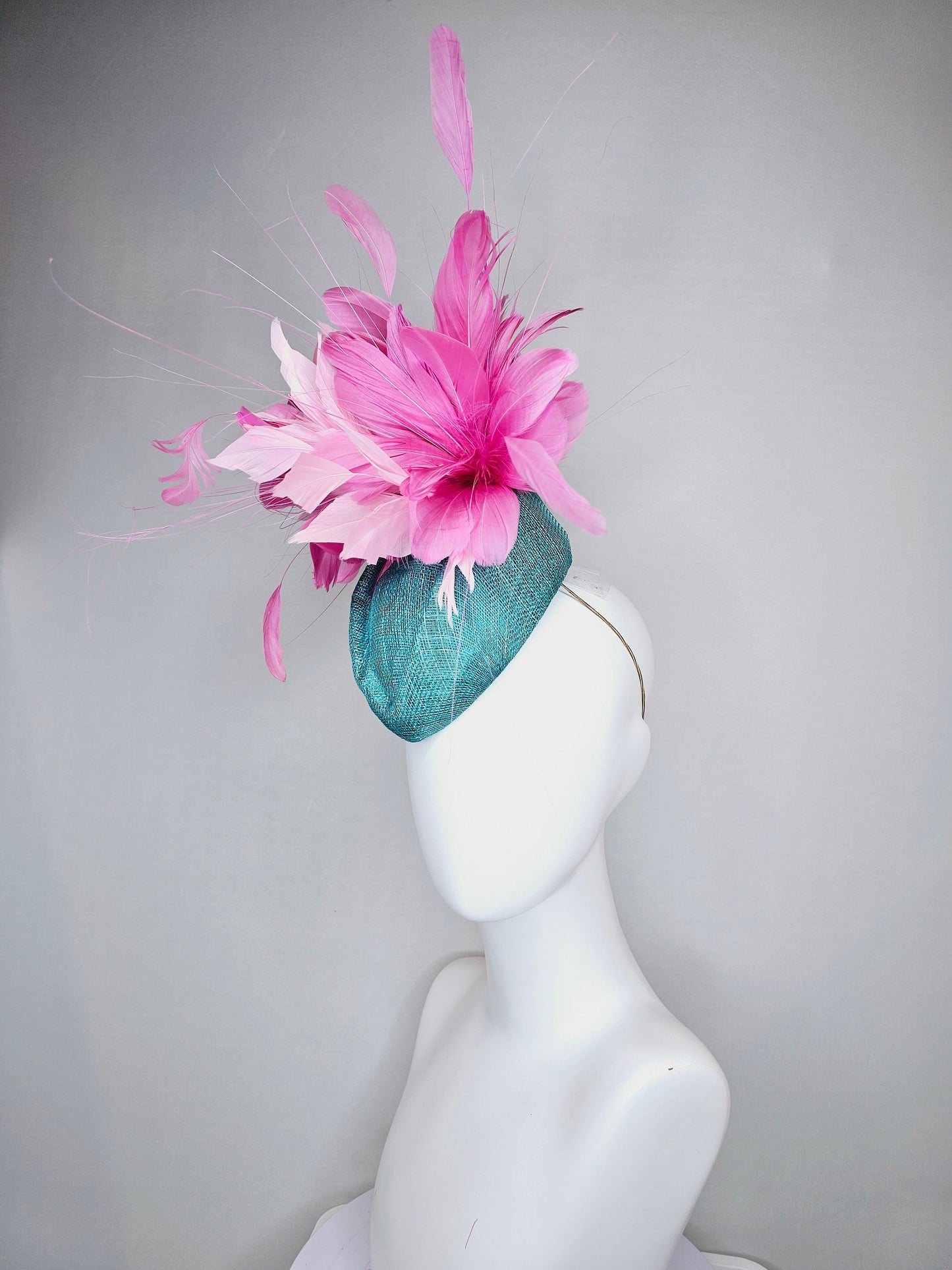 kentucky derby hat fascinator turquoise blue sinamay with fluffy baby pink feather flowers