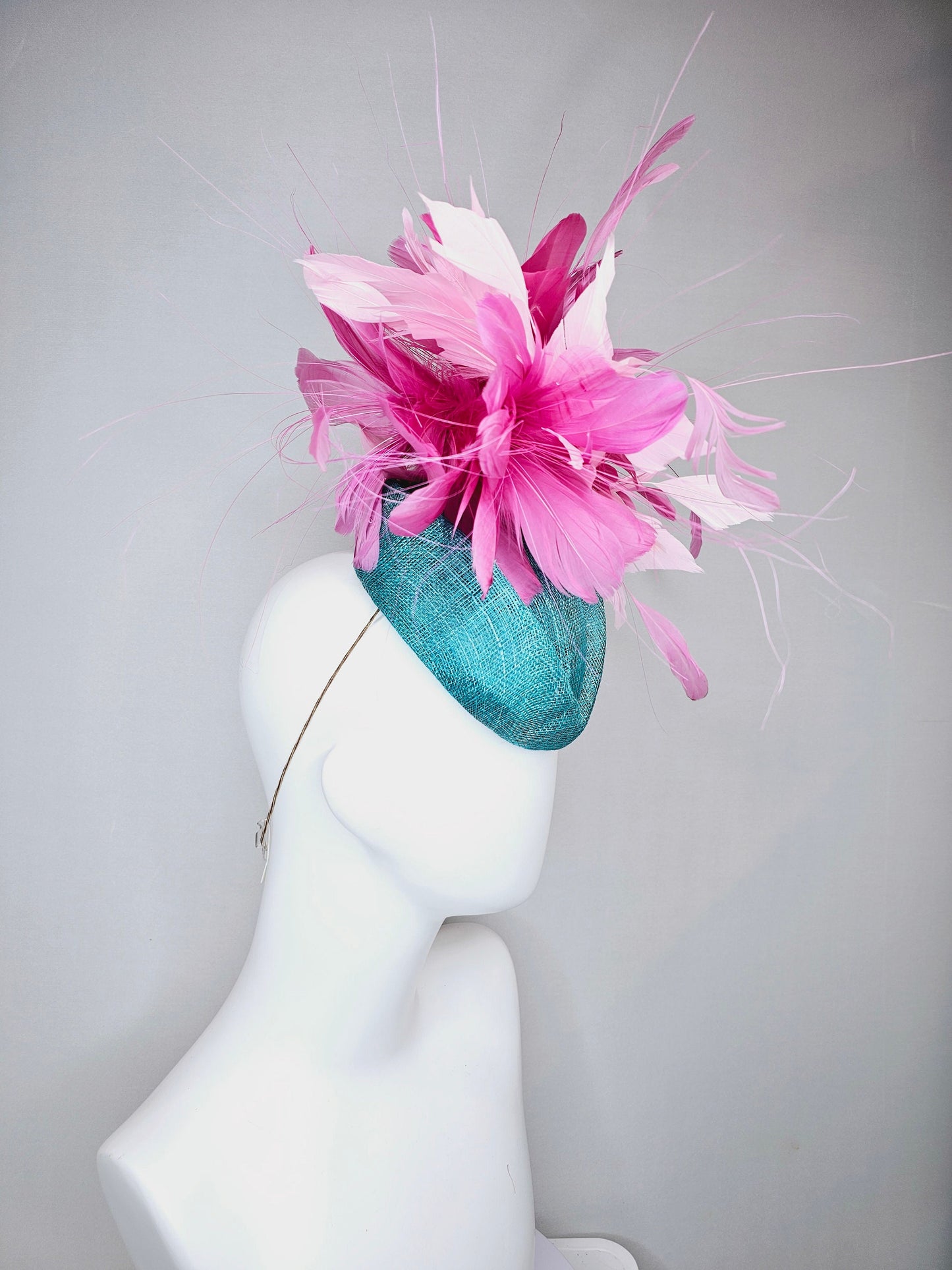 kentucky derby hat fascinator turquoise blue sinamay with fluffy baby pink feather flowers